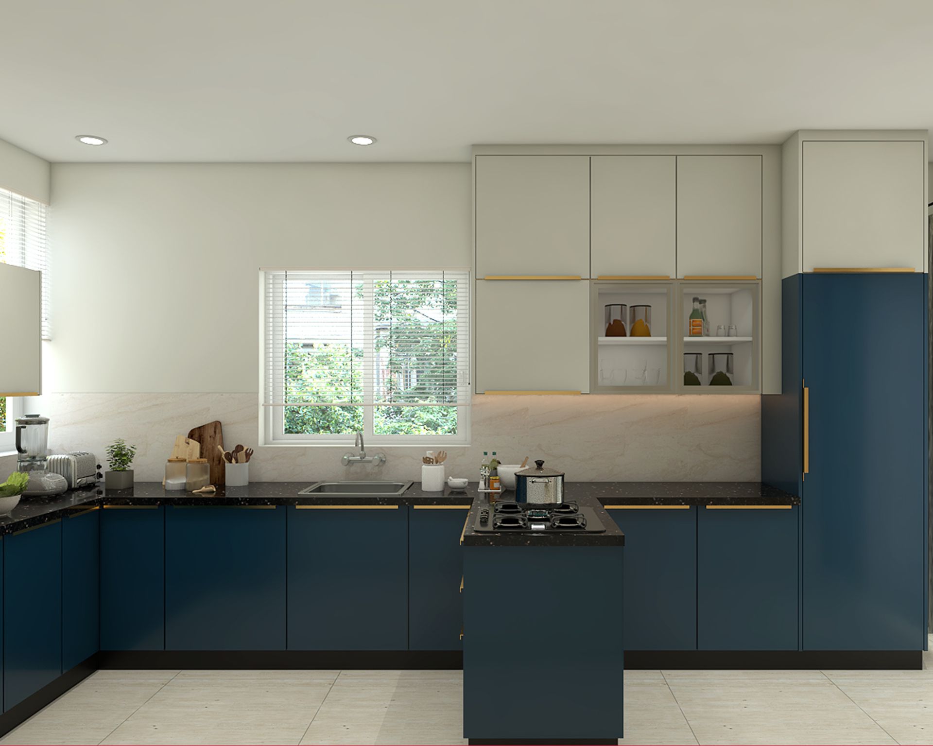 Contemporary Blue and White U-Shaped Kitchen Design with Granite ...