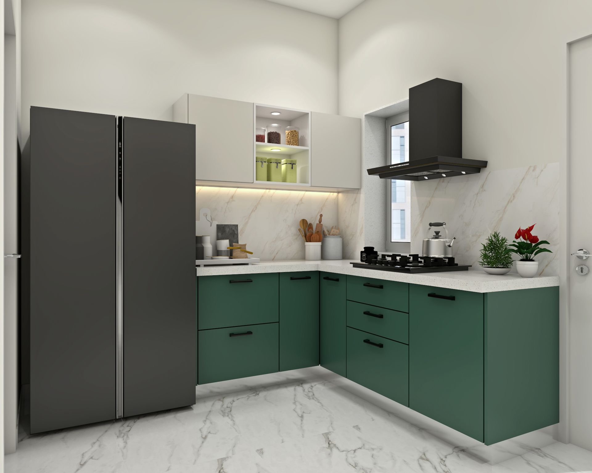 Caribe and White L-Shaped Contemporary Kitchen Design with Quartz ...
