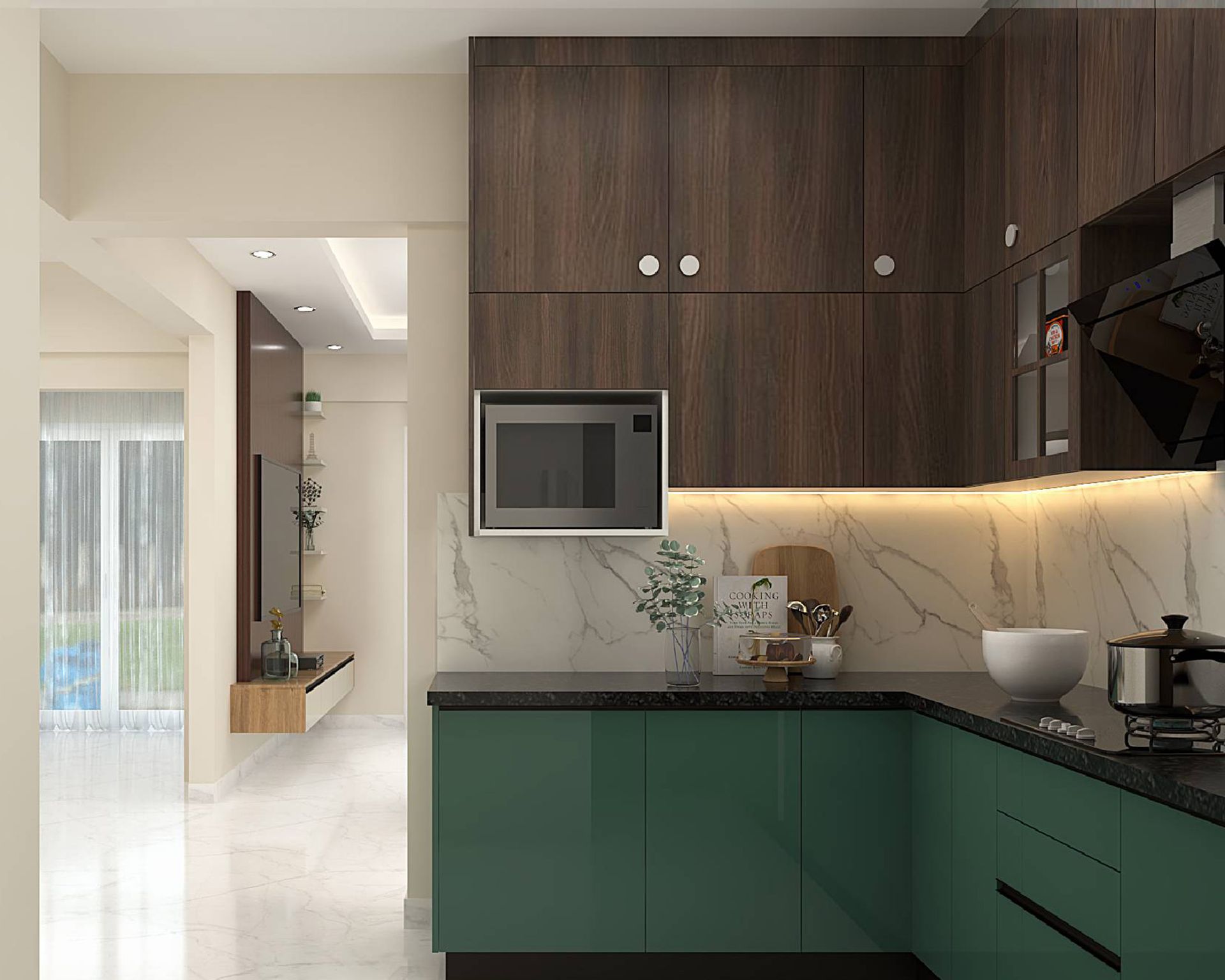 Teal and Wood L-Shaped Contemporary Kitchen Design with Marble ...
