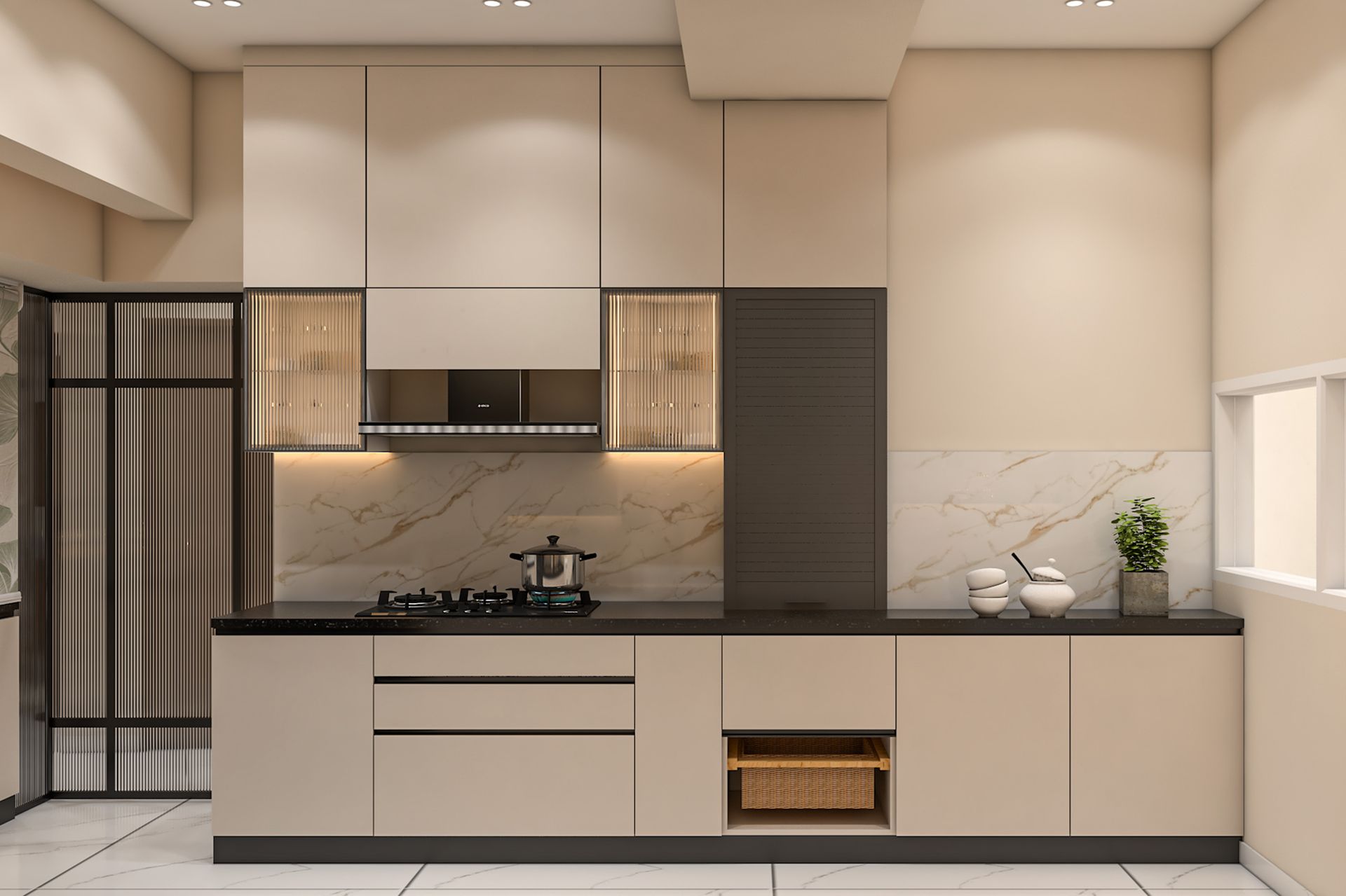 Modern Irish Cream Parallel Kitchen Design with Granite Countertop ...