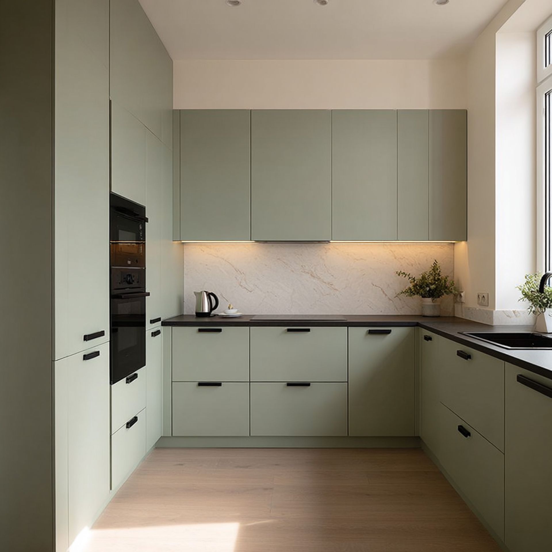 U-Shaped Minimal Kitchen Design with Sage Green Cabinets Storage | Livspace