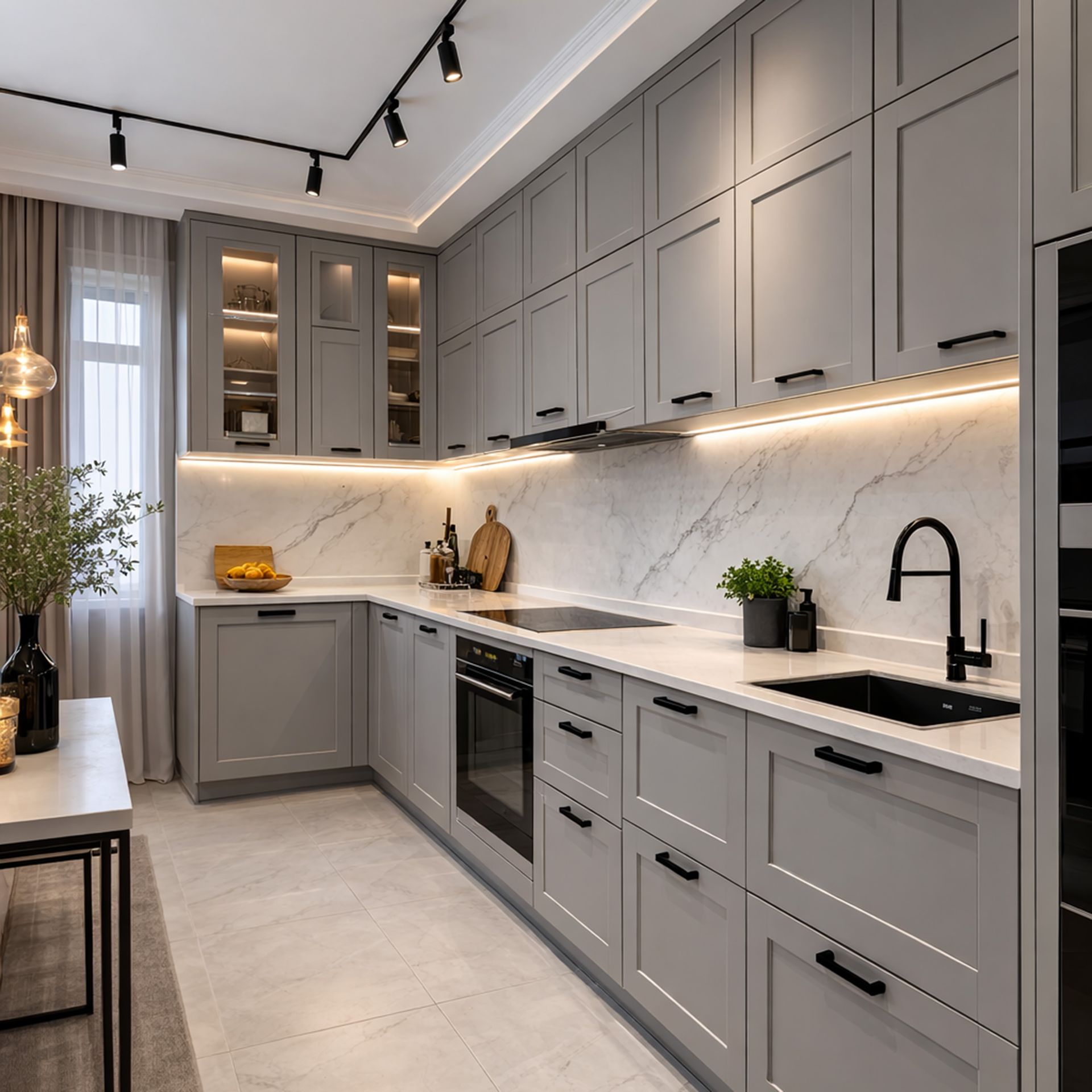 L-Shaped Classic Kitchen Design with Grey Cabinets and Drawers and ...