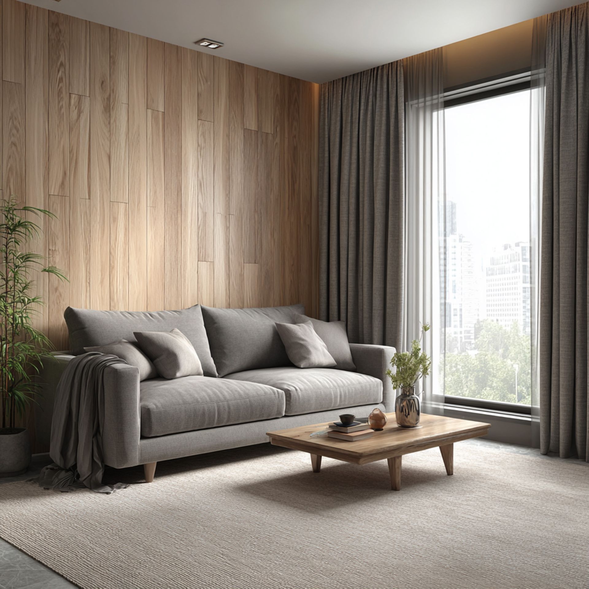 Scandinavian Living Room Design with Grey 3-Seater Sofa and Wooden ...