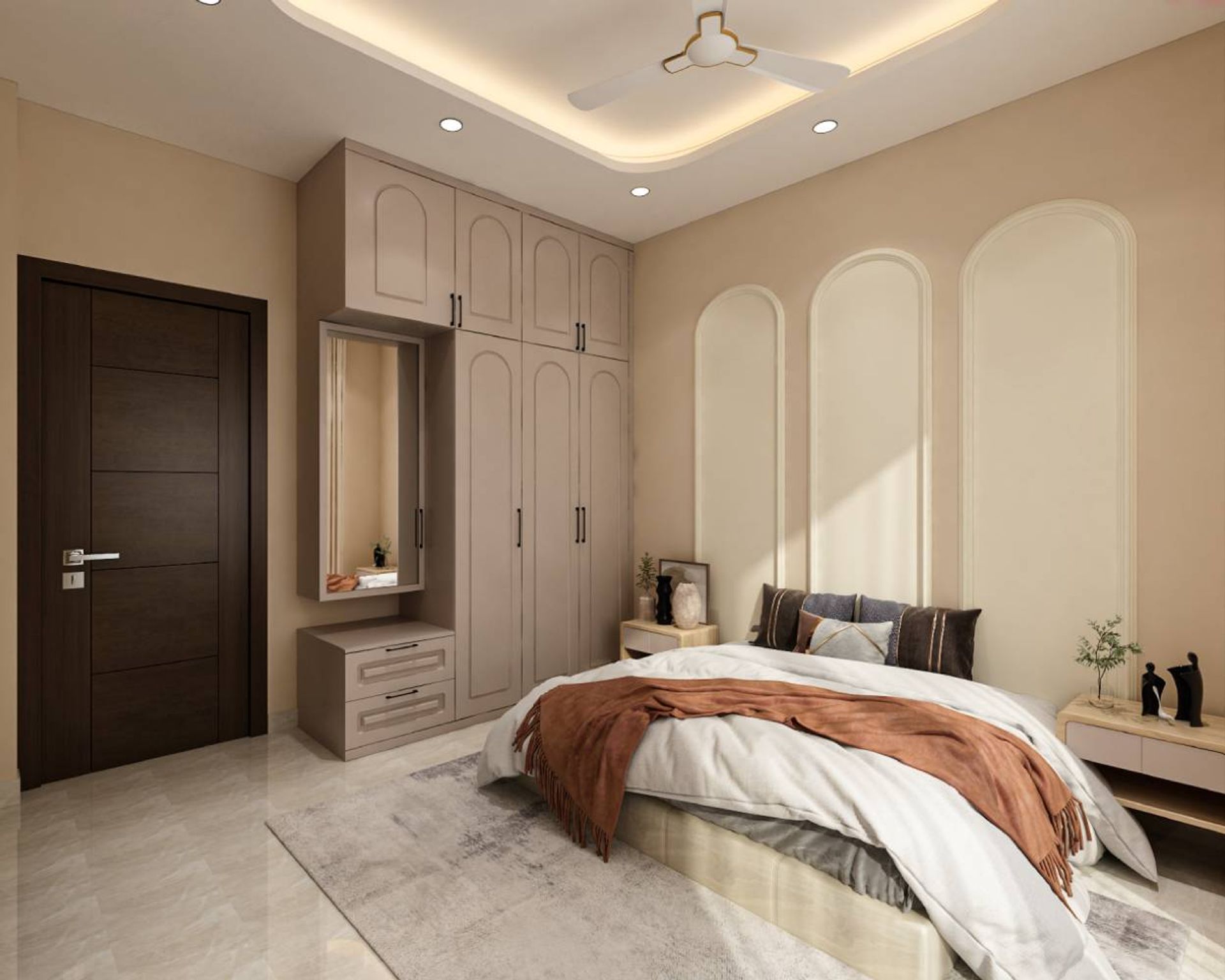 Contemporary Master Bedroom Design with Panelled Wardrobe and Vanity ...