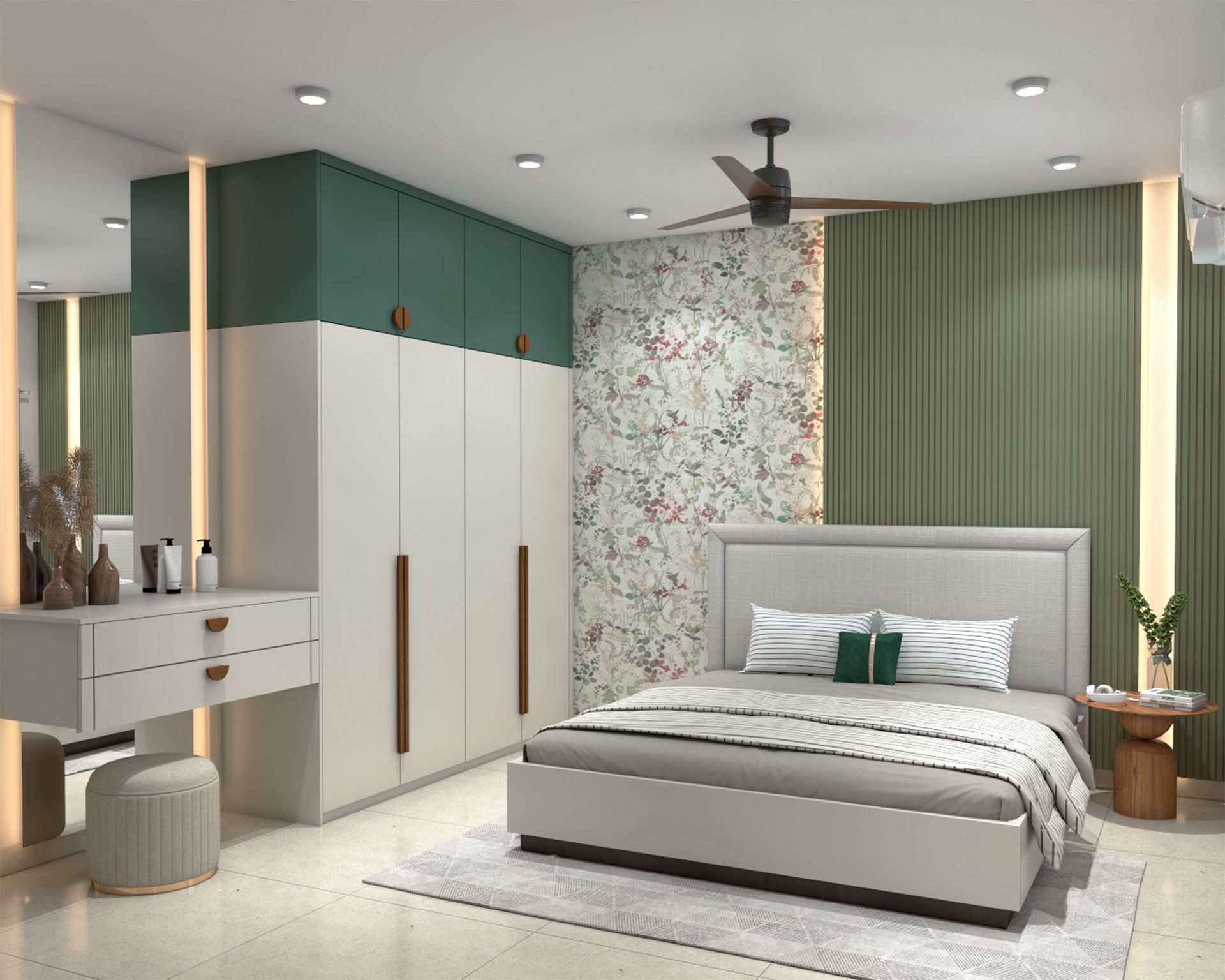 Contemporary Master Bedroom Design with Floral Wallpaper and Queen Low ...