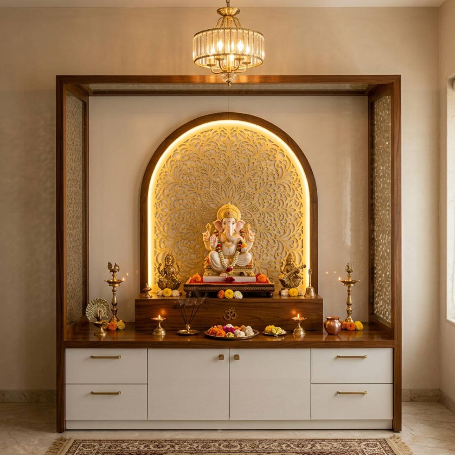 Contemporary Pooja Room Design with Storage and Mandala Backdrop | Livspace