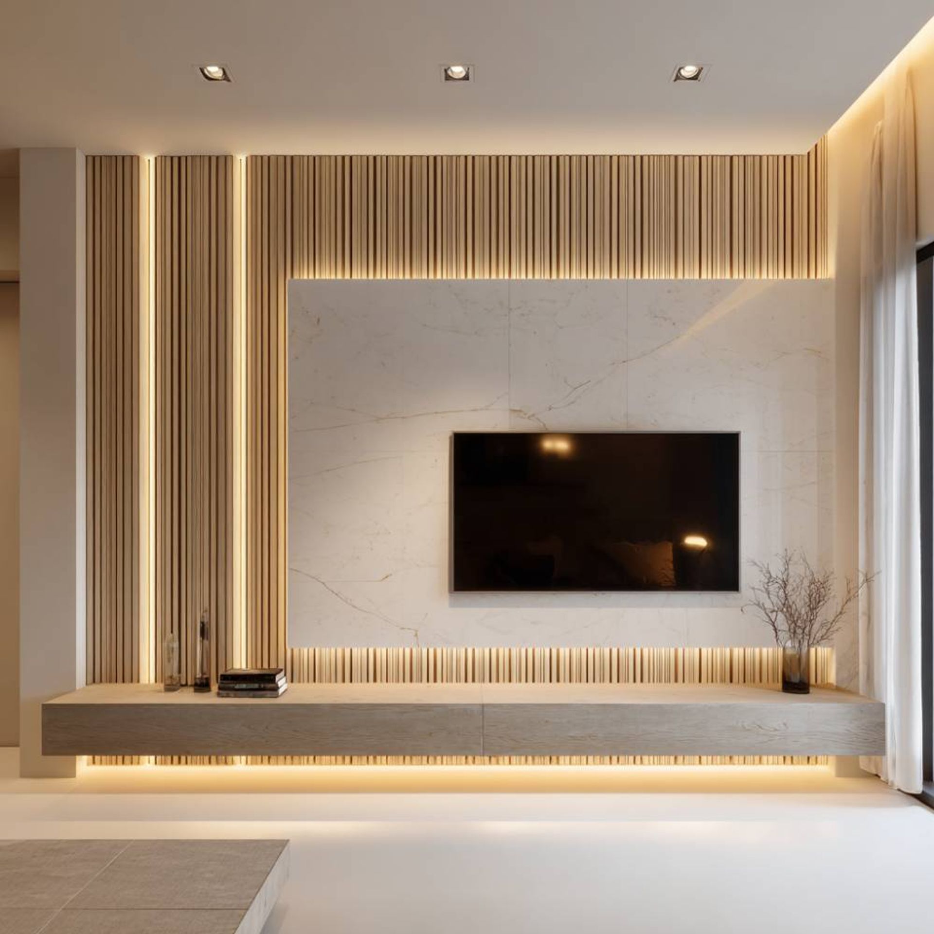 Manchurian Walnut Modern TV Unit Design with Floating Storage Console ...