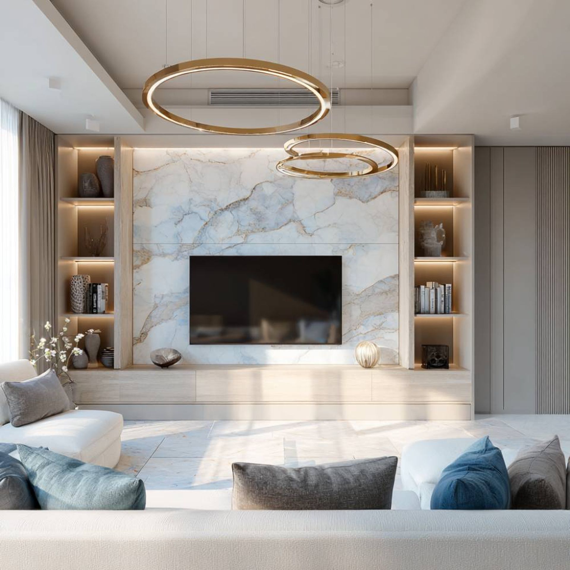 Walnut Contemporary TV Unit Design with Storage Shelves and Marble ...