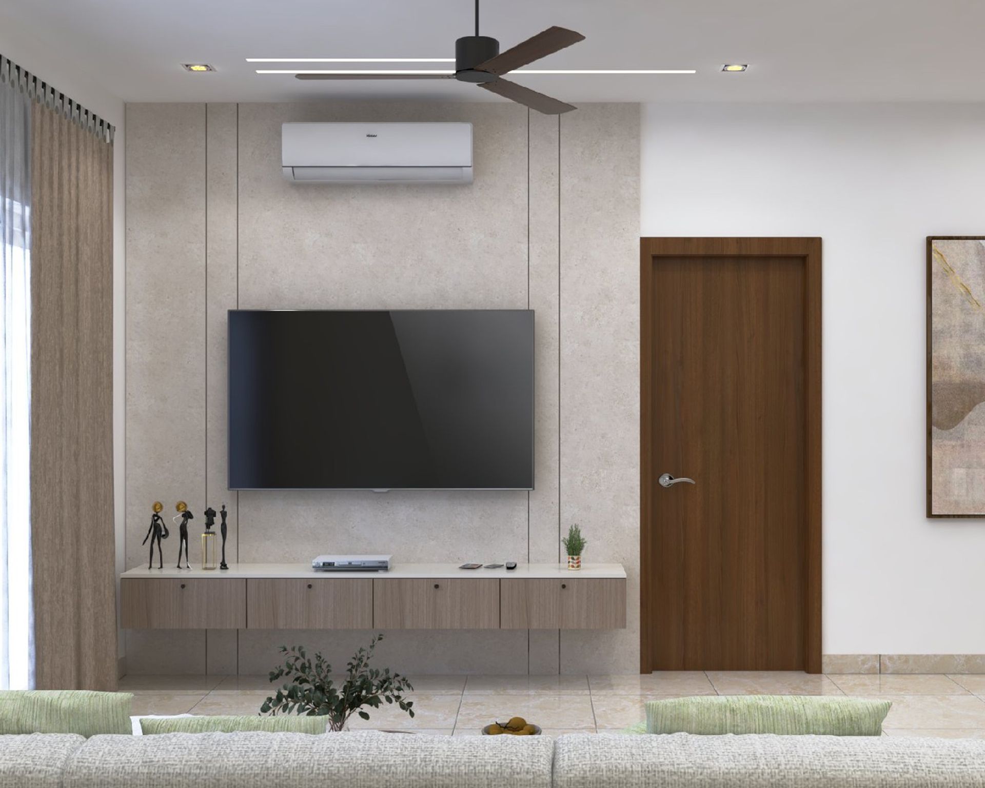 Walnut Modern TV Unit Design with Floating Console Storage in Suede ...