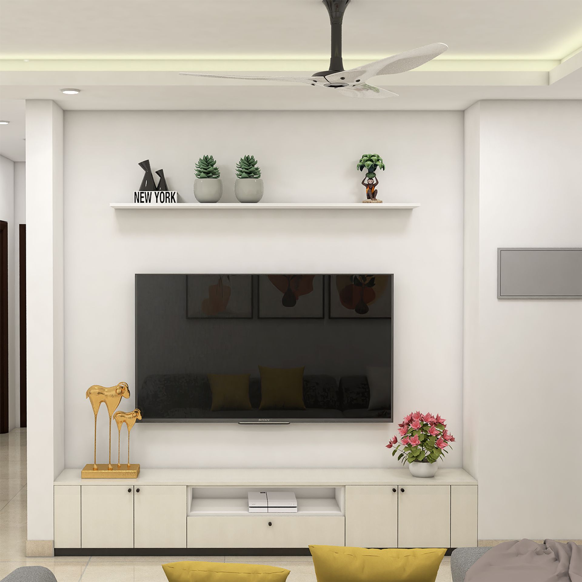 White Modern TV Unit Design with Floating Shelf and Drawer Storage ...