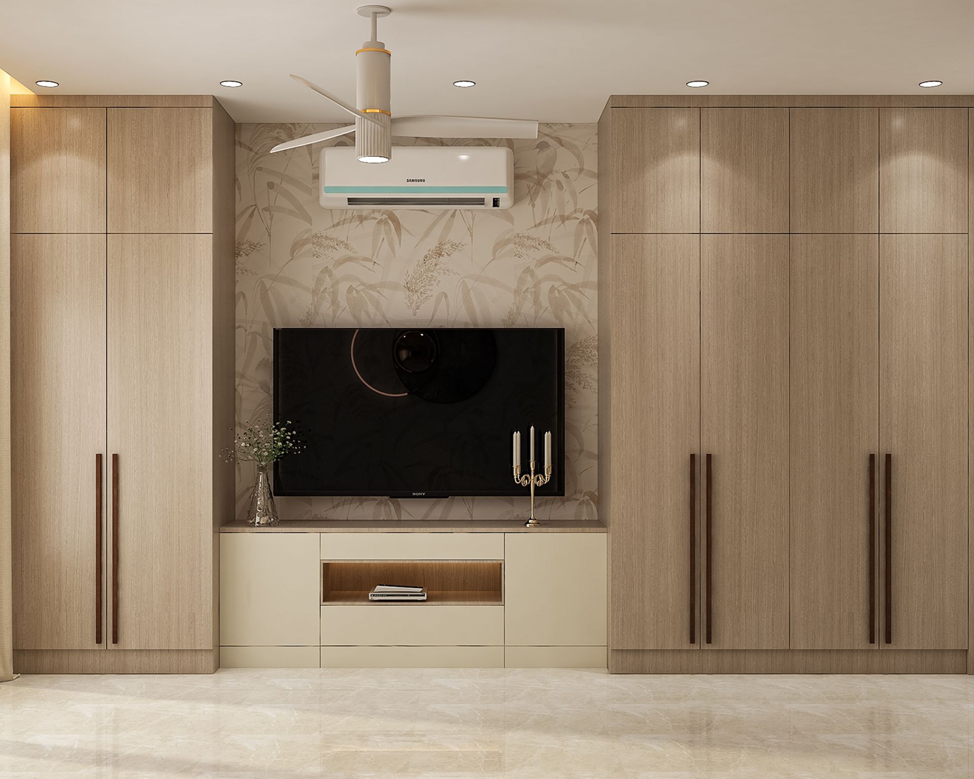 Contemporary White TV Unit Design with Storage Wardrobes and Media ...