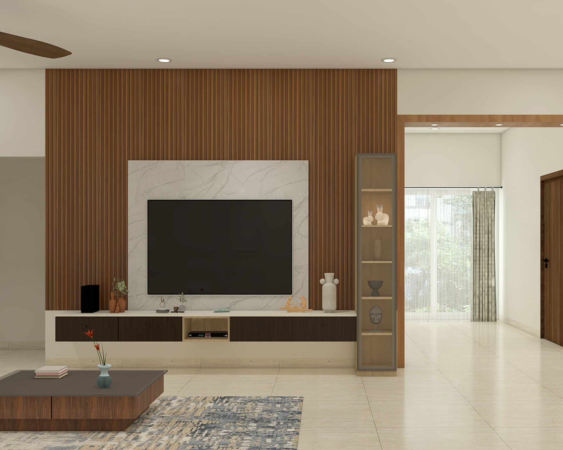 Contemporary TV Unit Design with Timber Slat Wall and Glass Cabinet ...