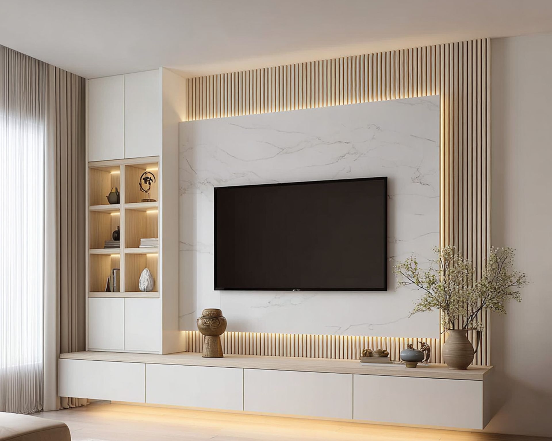 Contemporary White and Acacia TV Unit Design with Marble Backdrop ...