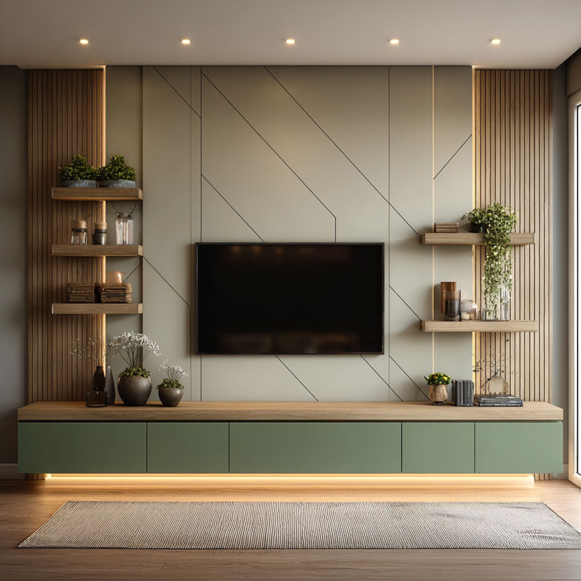 Contemporary Sage Green TV Unit Design with Slats and Minimal Livspace — free download