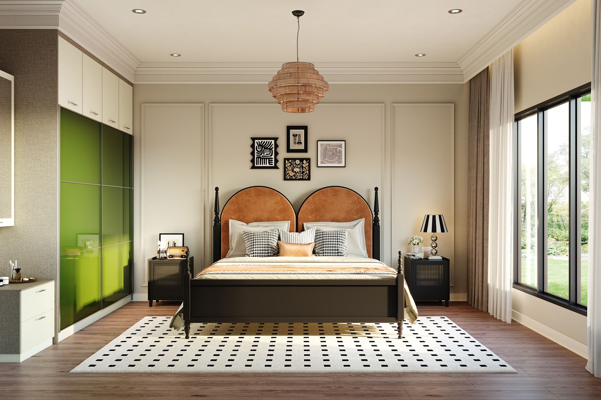 Bedroom Modern Wall Design with Beige Panel Moulding Accent Wall | Livspace