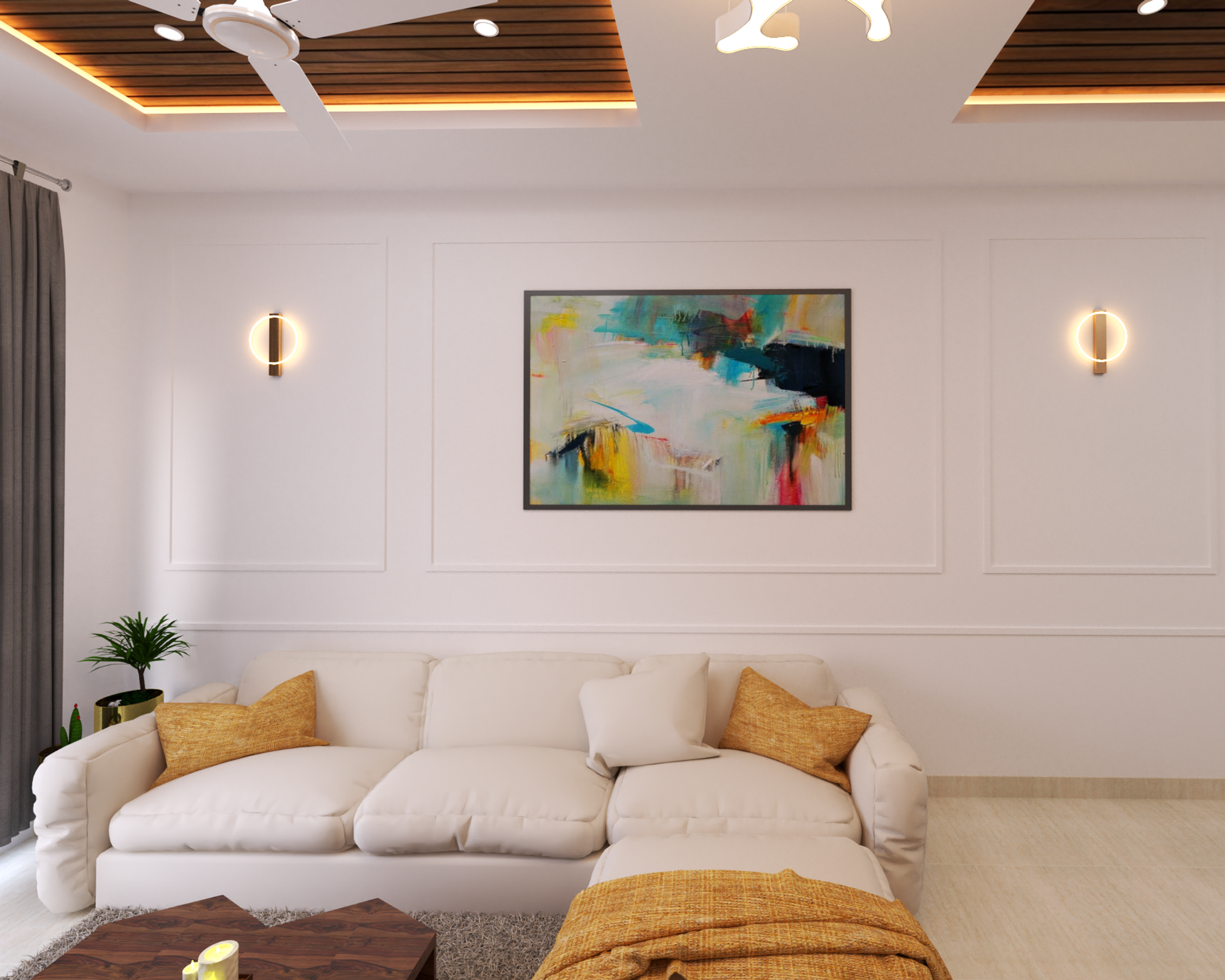 Mid-Century Modern Theme Spacious Subtle Living Room Design | Livspace