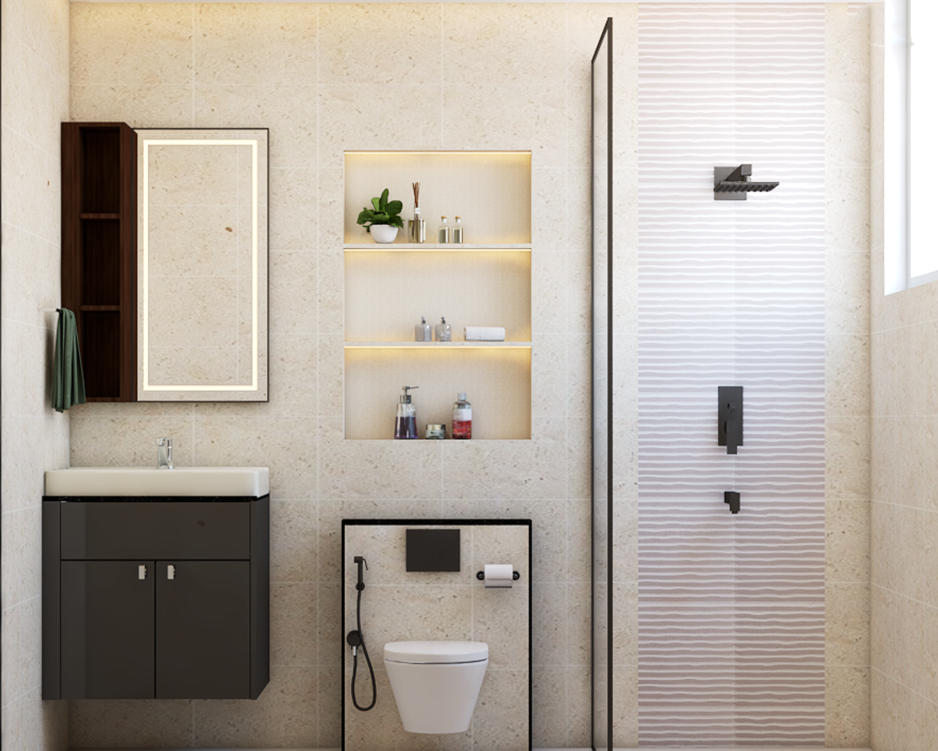 Spacious Bathroom Design With Textured Tiles | Livspace