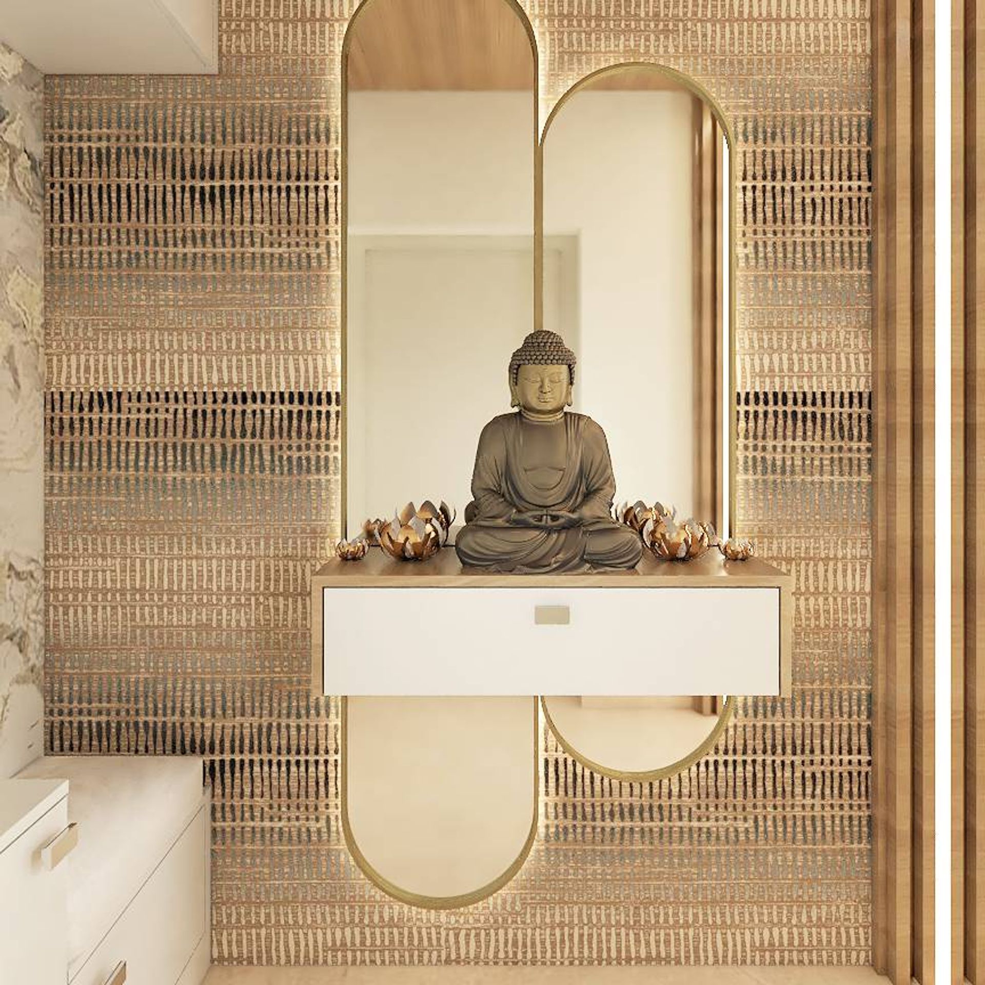Contemporary Spacious Foyer Design With Golden Hue | Livspace