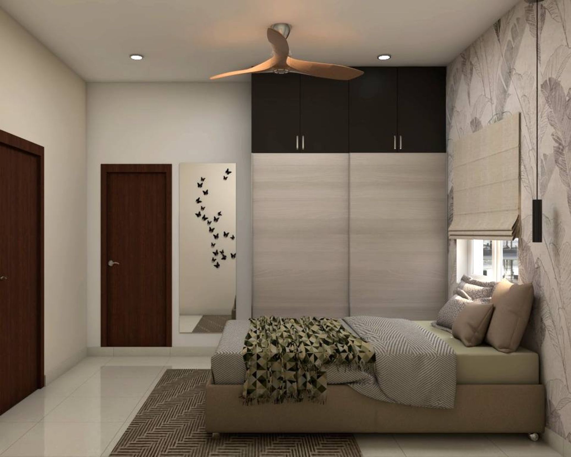 Spacious Guest Bedroom Design With Two-Toned Sliding Wardrobe And ...