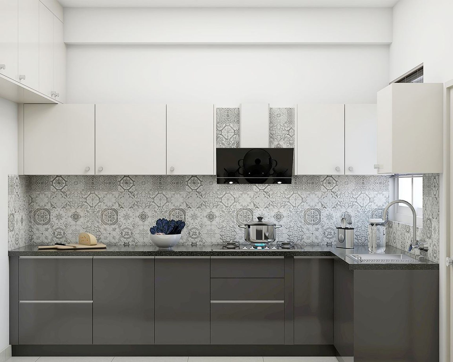 Compact L-Shaped Kitchen Design With Grey And White Cabinets | Livspace
