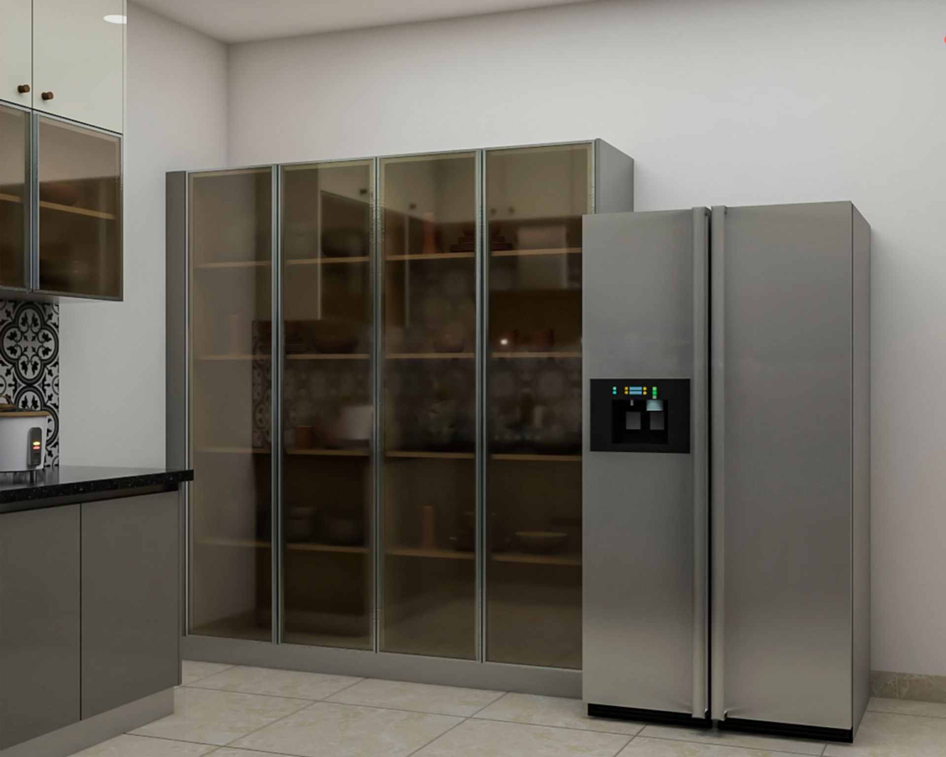 Modern L-Shaped Kitchen Design With Glass Shutters | Livspace