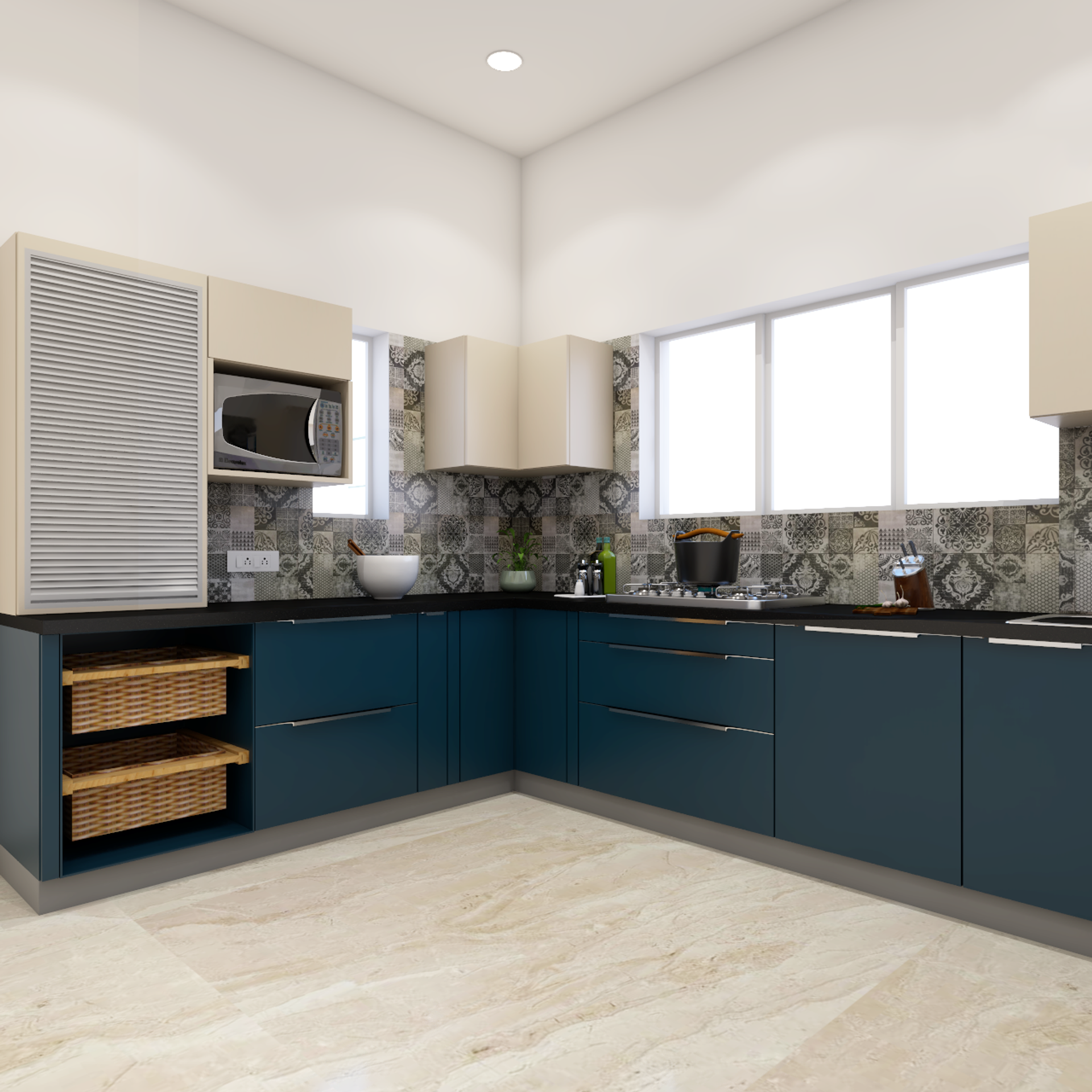 Modern L-shaped Kitchen With Wicker Baskets - Livspace