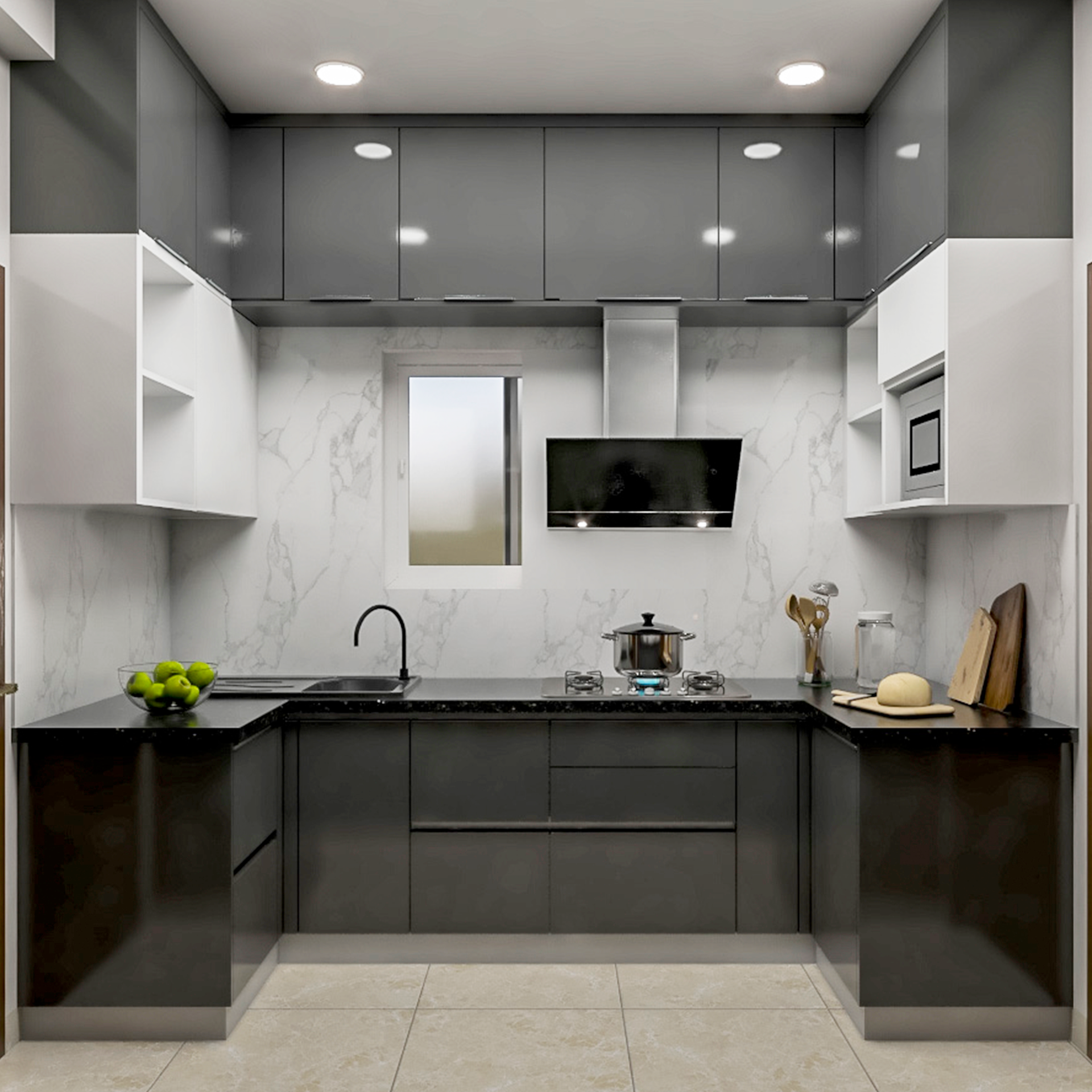 Spacious Kitchen Design With White And Grey Upper Cabinets| Livspace