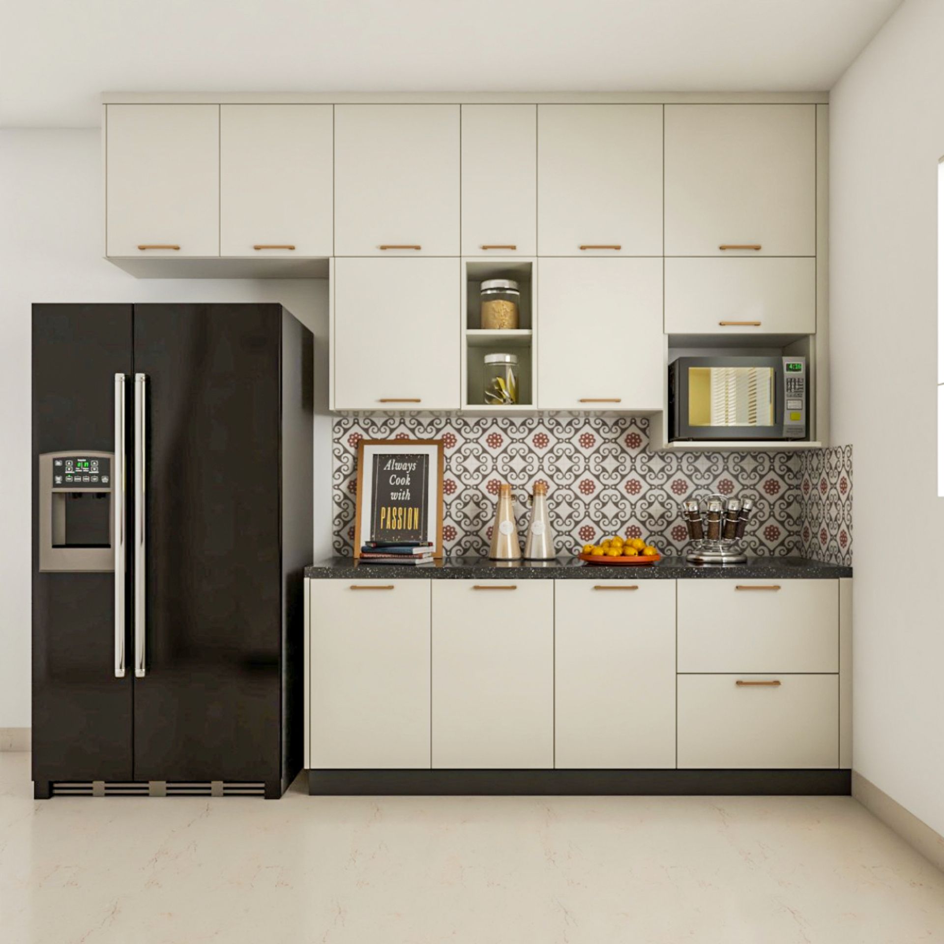 Modern White Kitchen Design With Black Countertop | Livspace