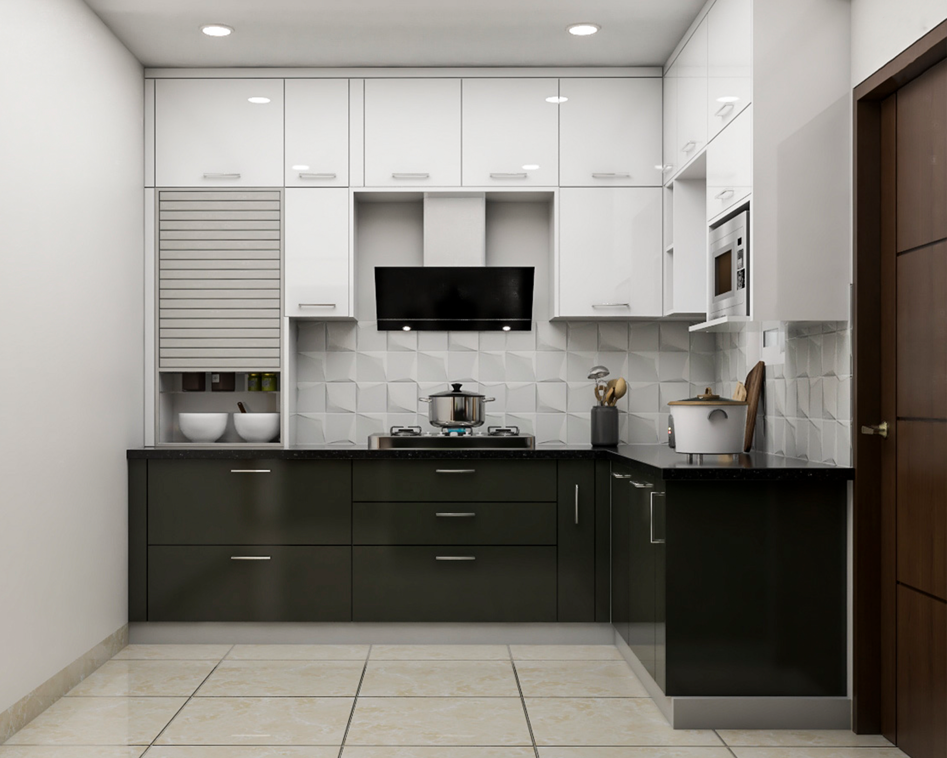 Contemporary Modular L- Shape Kitchen Design With Black And White ...