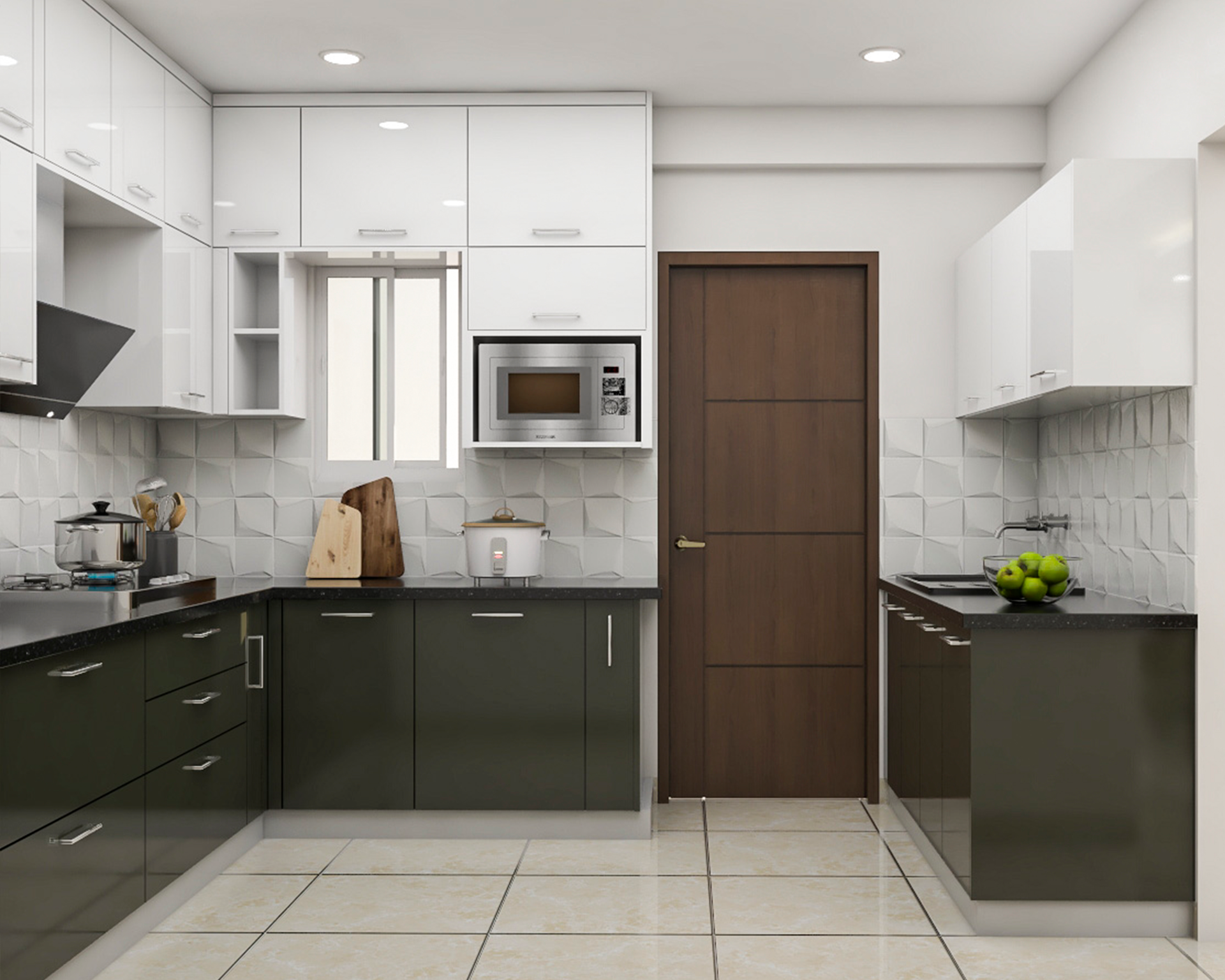 Contemporary Modular L- Shape Kitchen Design With Black And White ...