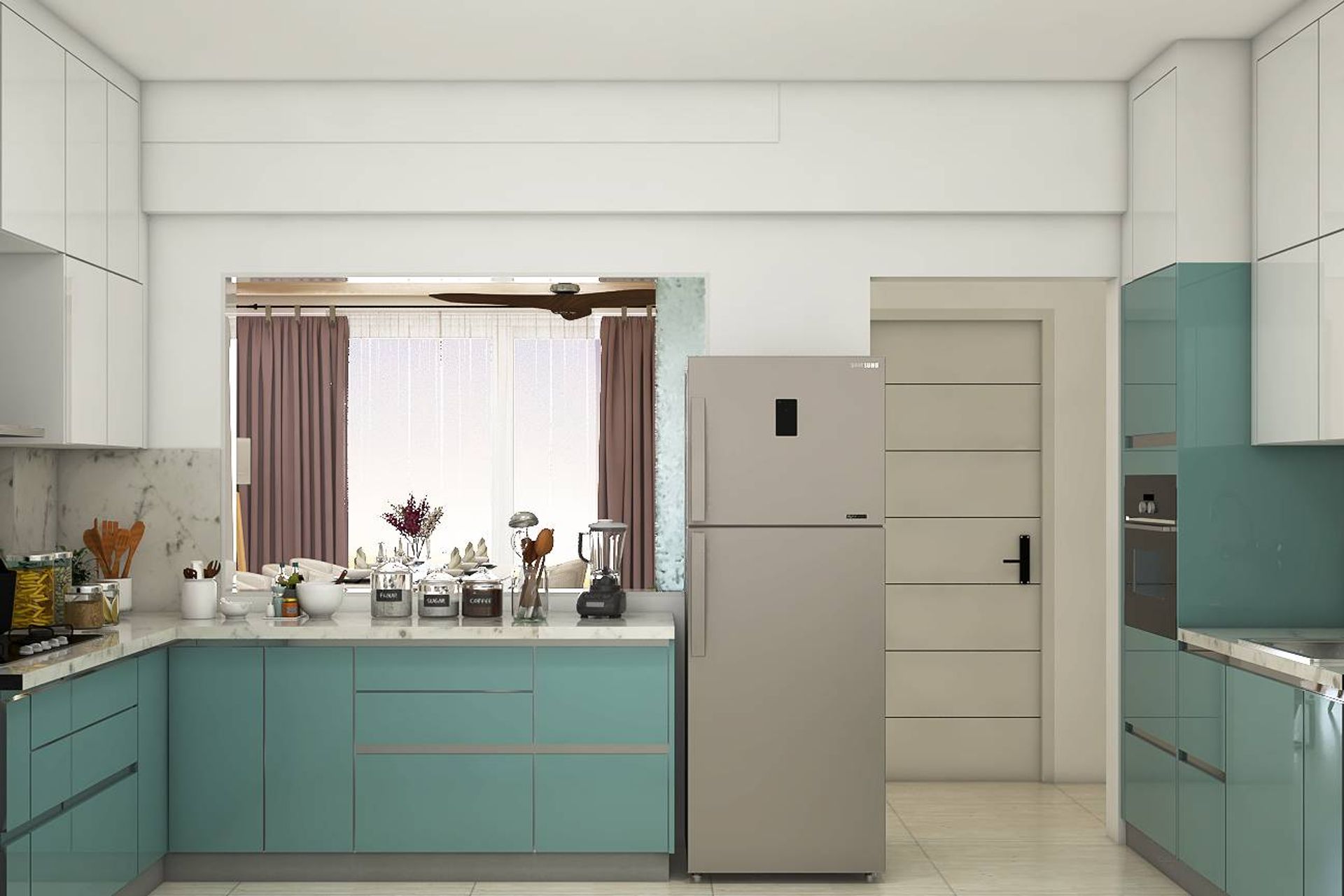 Spacious Kitchen Design With Blue Coloured And White Cabinets | Livspace