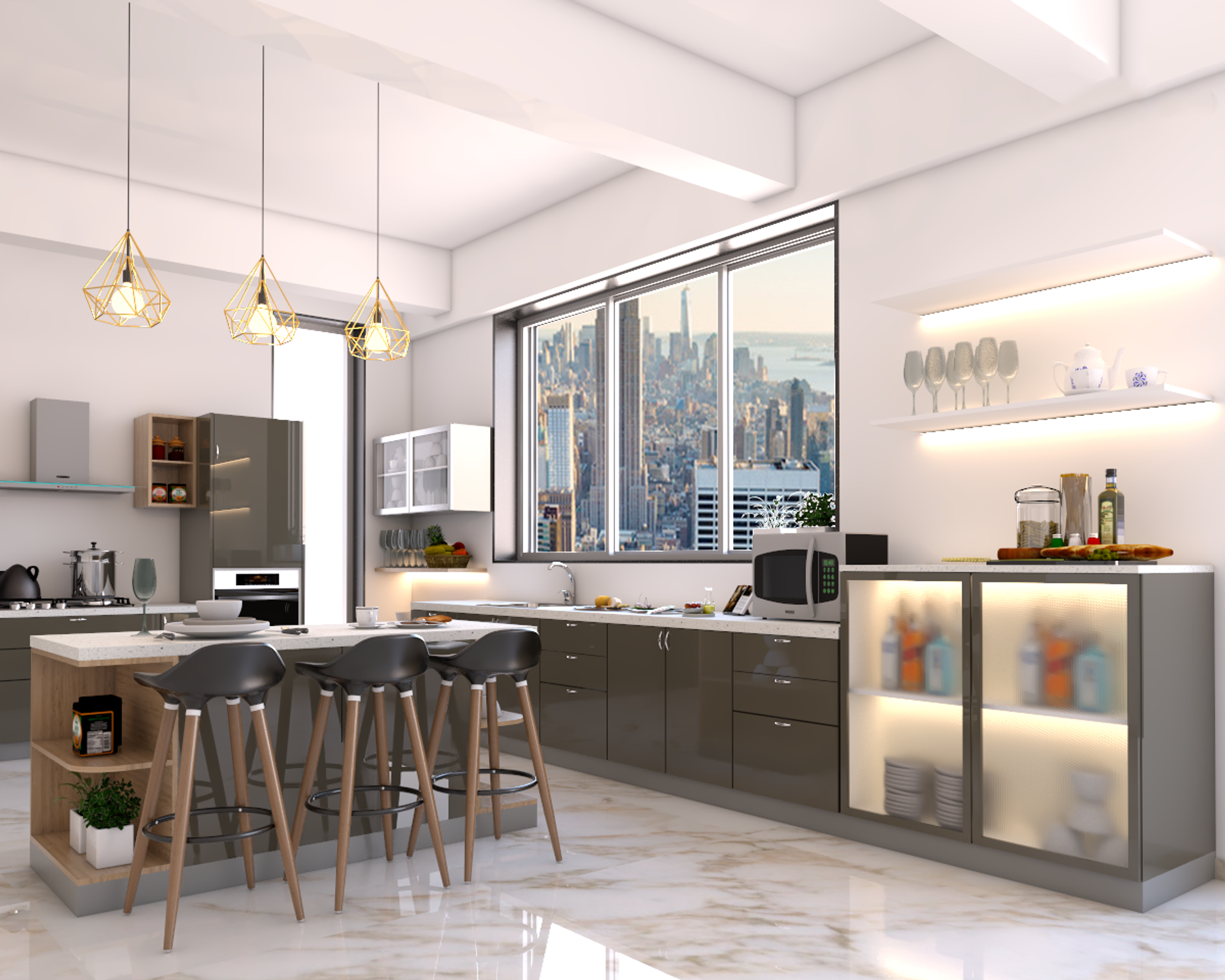 Spacious Modular Kitchen Design With Island Table | Livspace