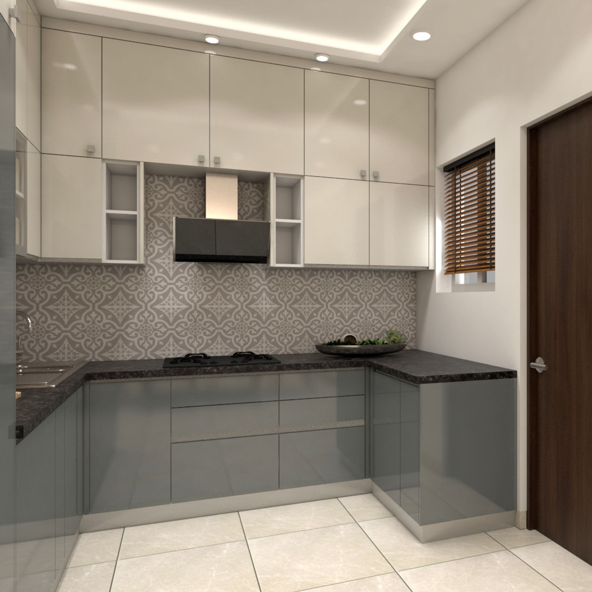 Compact Kitchen Interior Design With Glossy Blue And White Cabinets ...