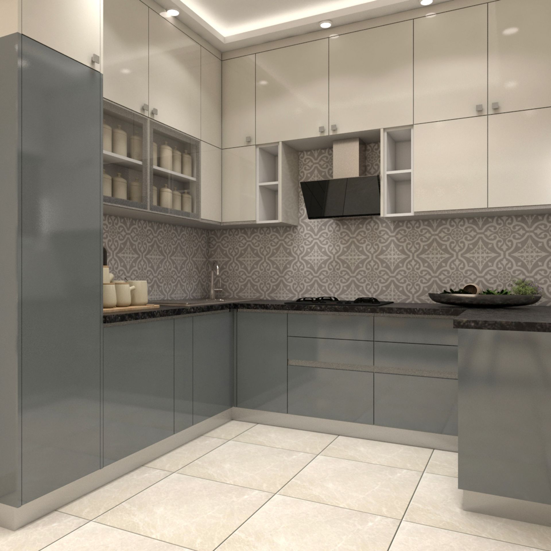 Compact Kitchen Interior Design With Glossy Blue And White Cabinets ...