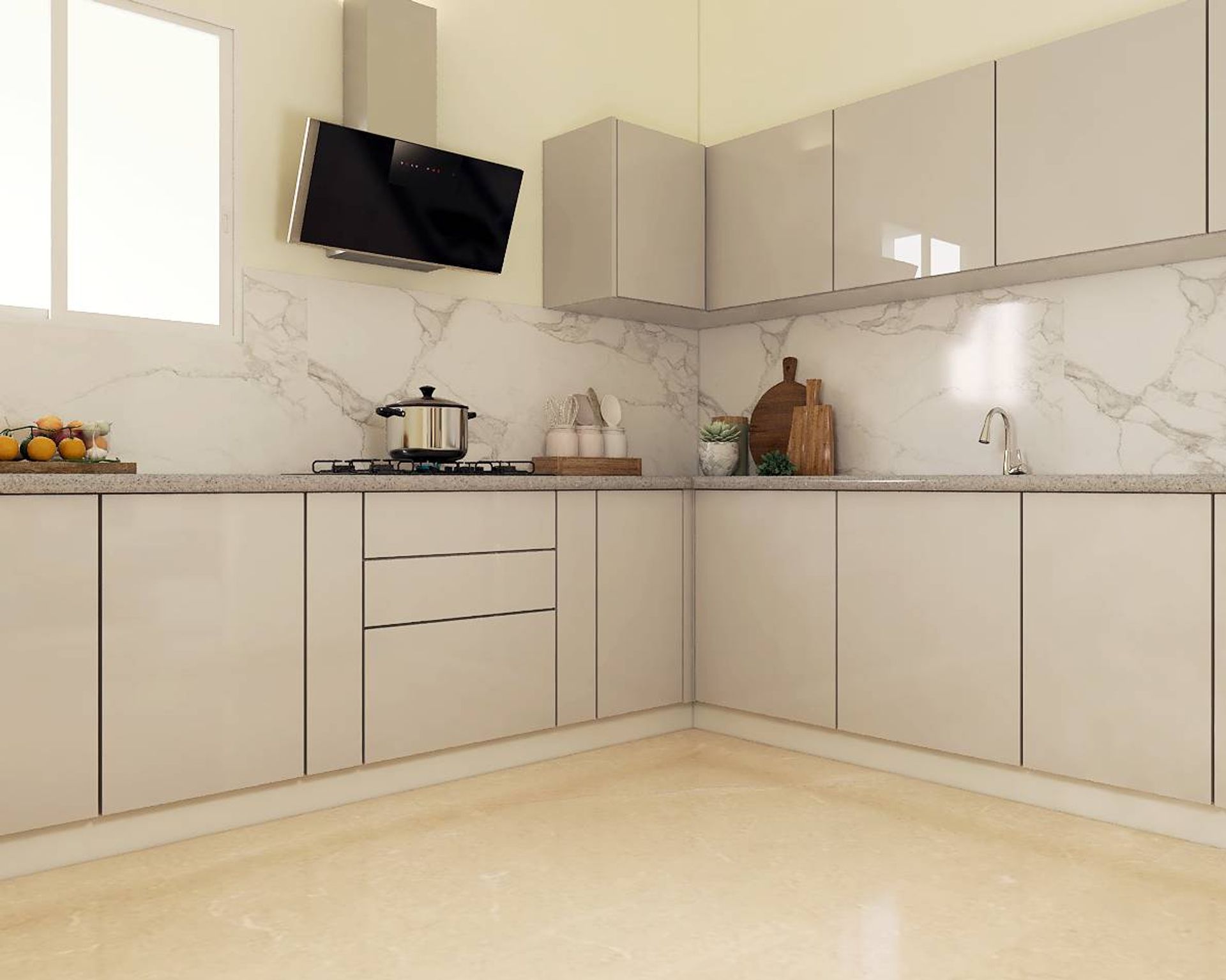 Spacious Modular Kitchen Design With White Marble Dado | Livspace