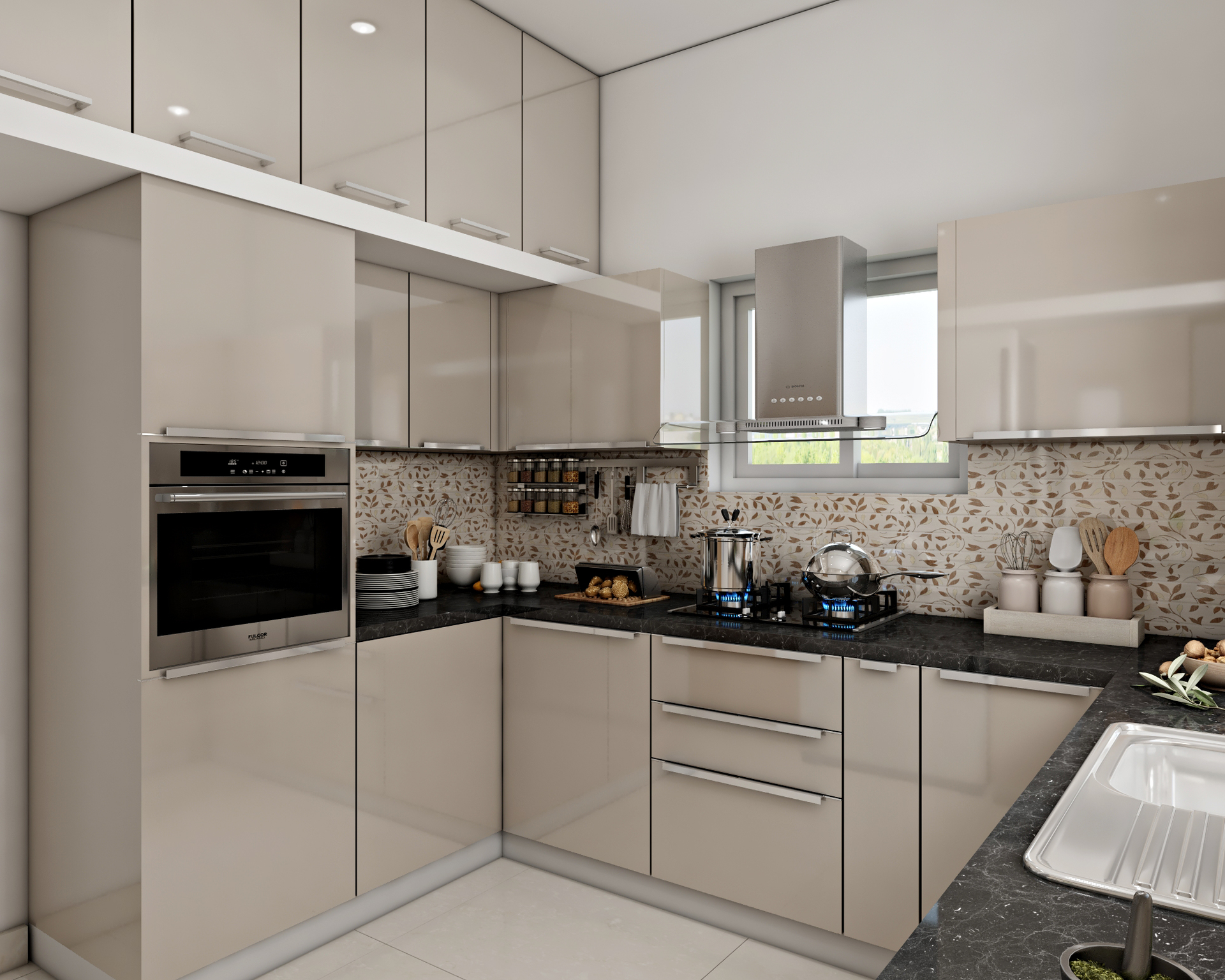 Modern Spacious Kitchen With Dado Tiles | Livspace