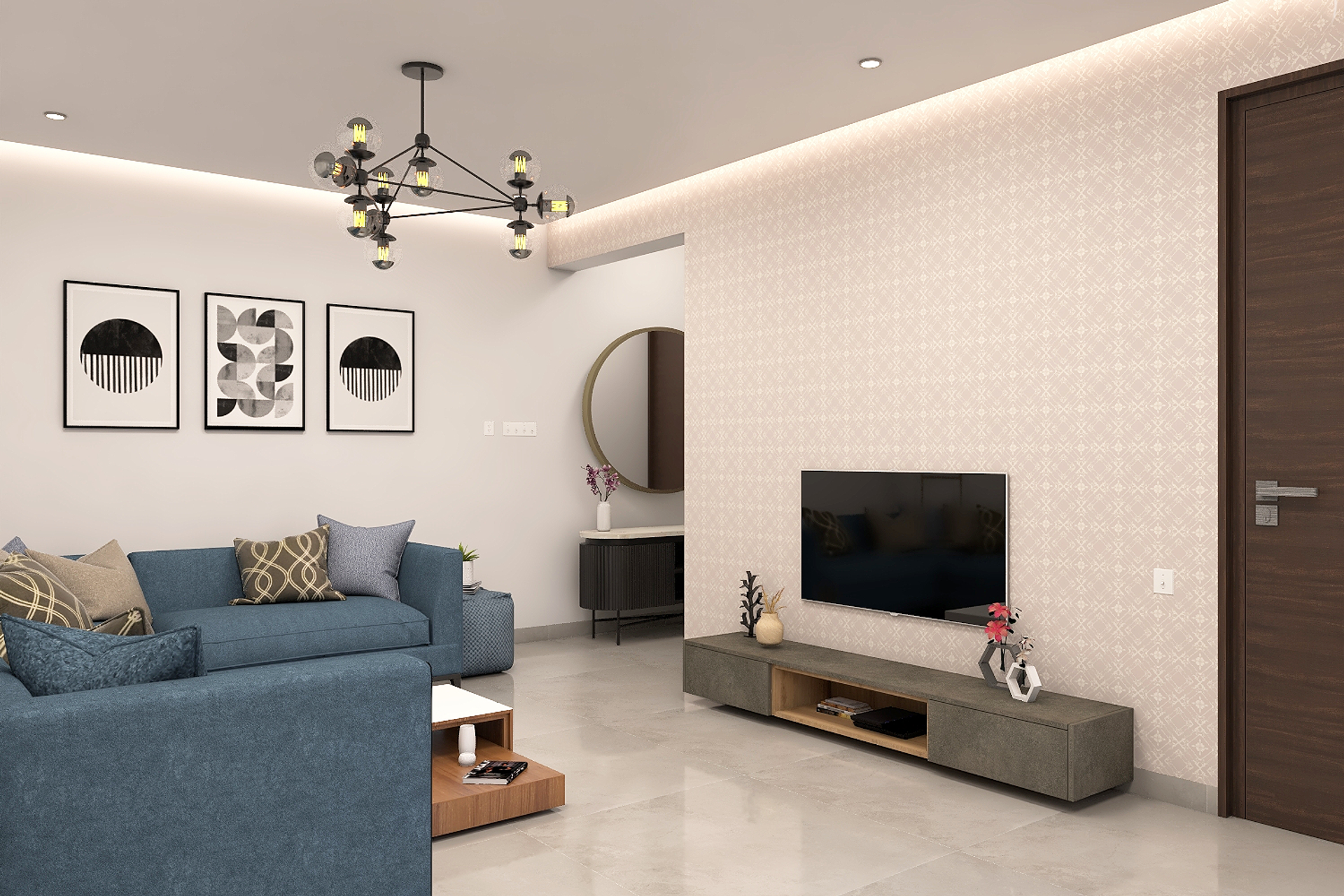 Spacious Living Room Design With Large Blue Upholstered Sofa And Marble ...