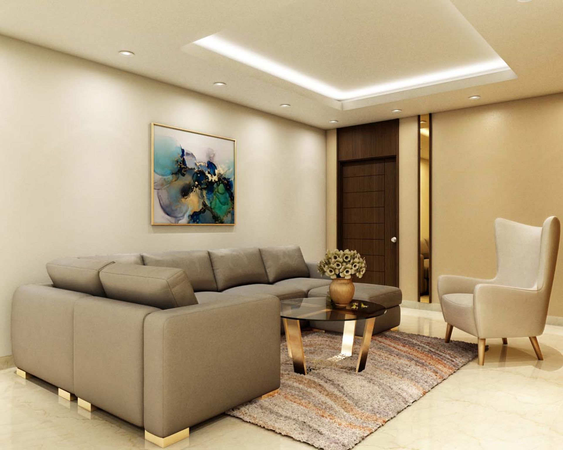 Spacious Living Room Design With Ambient Lights And Large L-Shaped Sofa ...