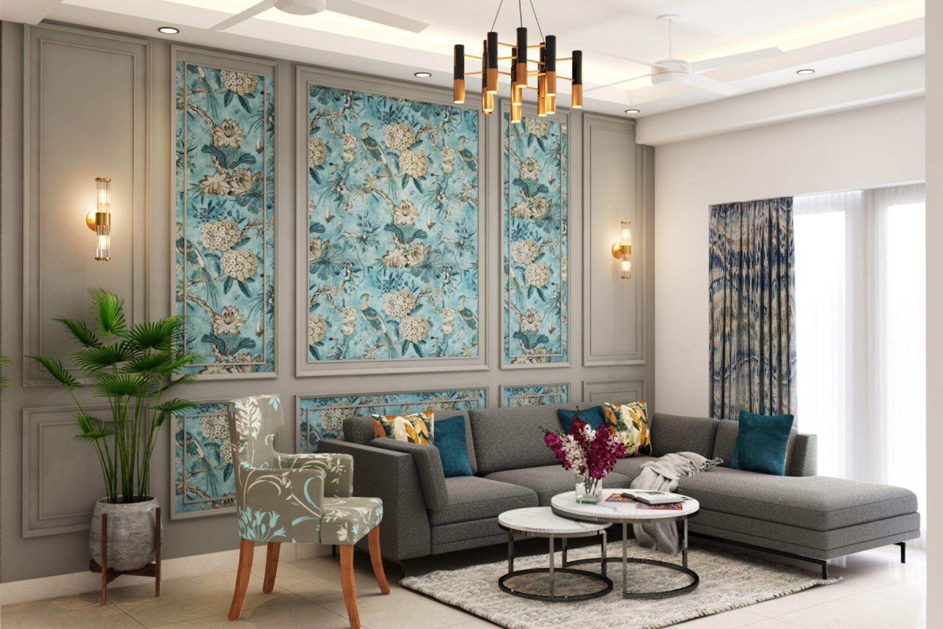 Spacious Living Room Design With Monochromatic Grey Trims And Floral ...