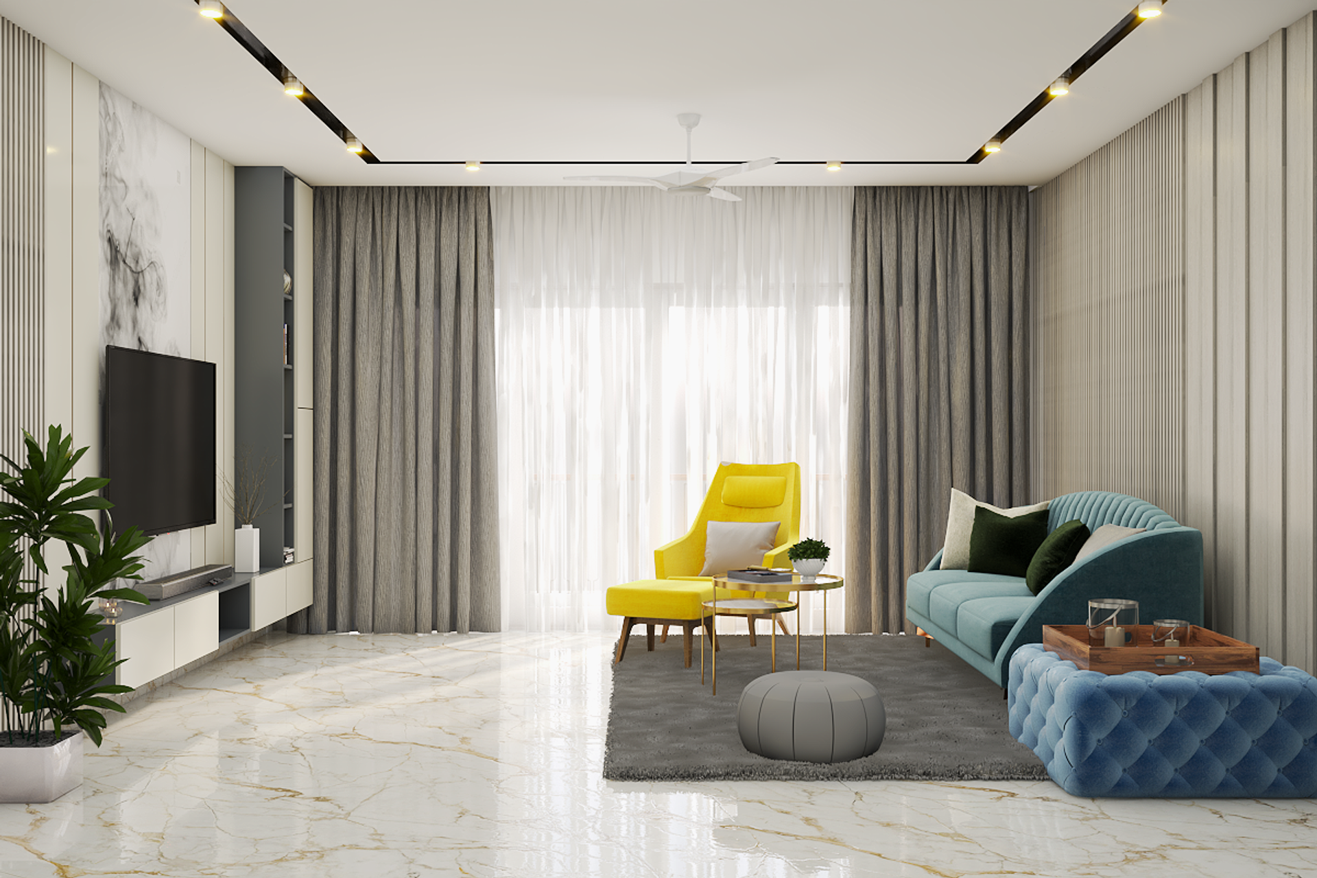 Spacious Living Room Design With Vibrant Furniture | Livspace