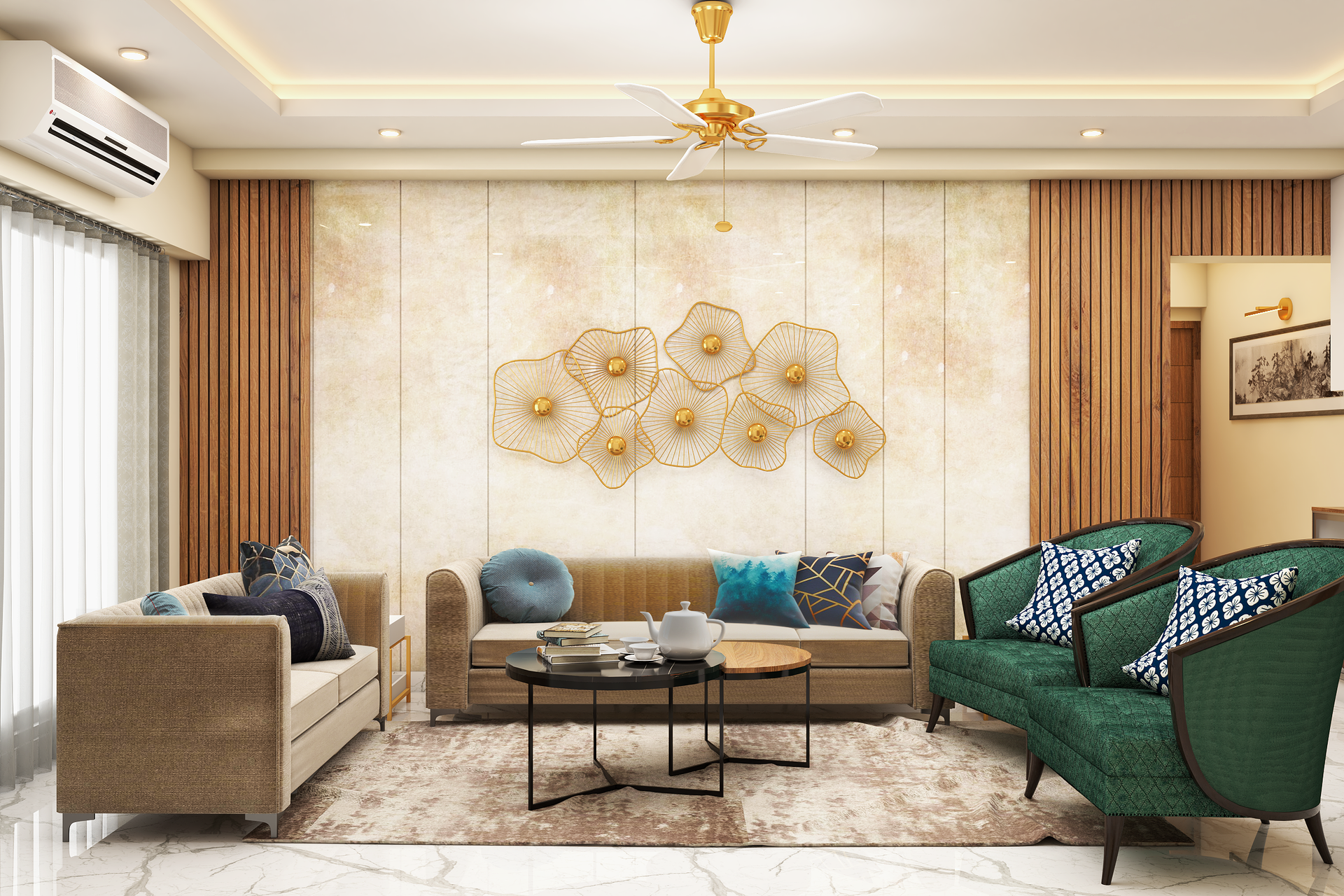 Spacious Living Room Design With Green Accent Chairs | Livspace