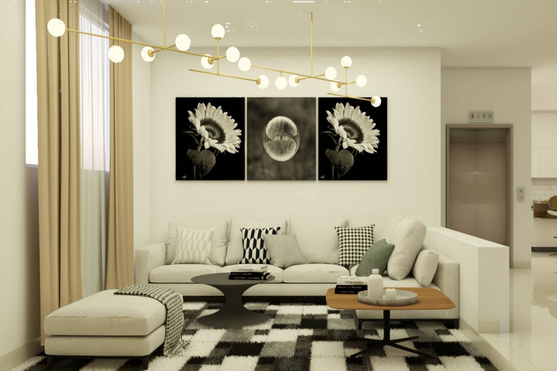 Compact Living Room Design With Chandelier | Livspace