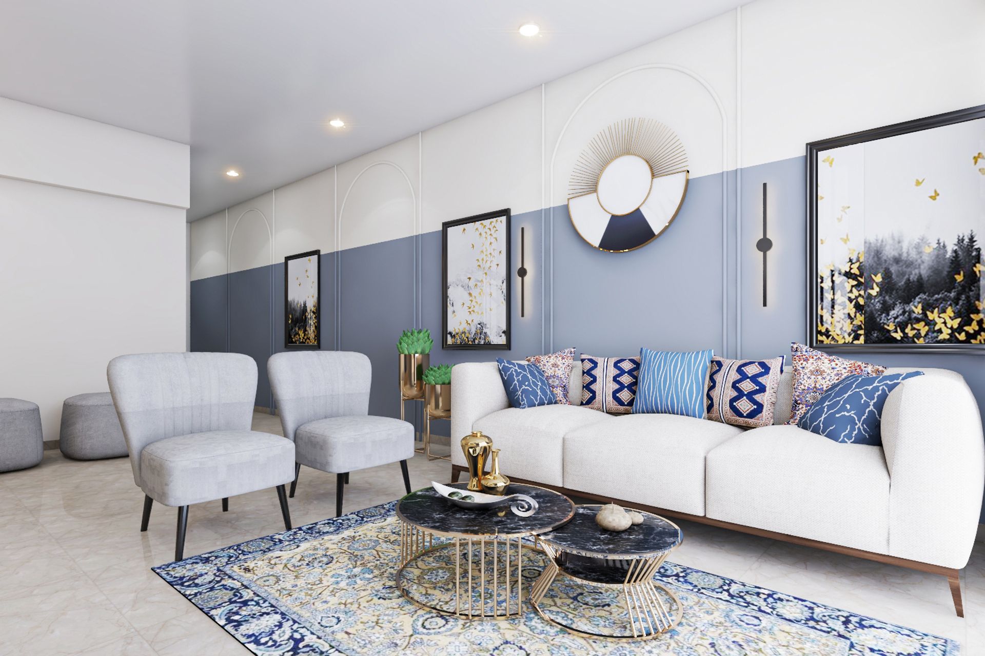 Modern Living Room With White And Blue Themed Interiors | Livspace