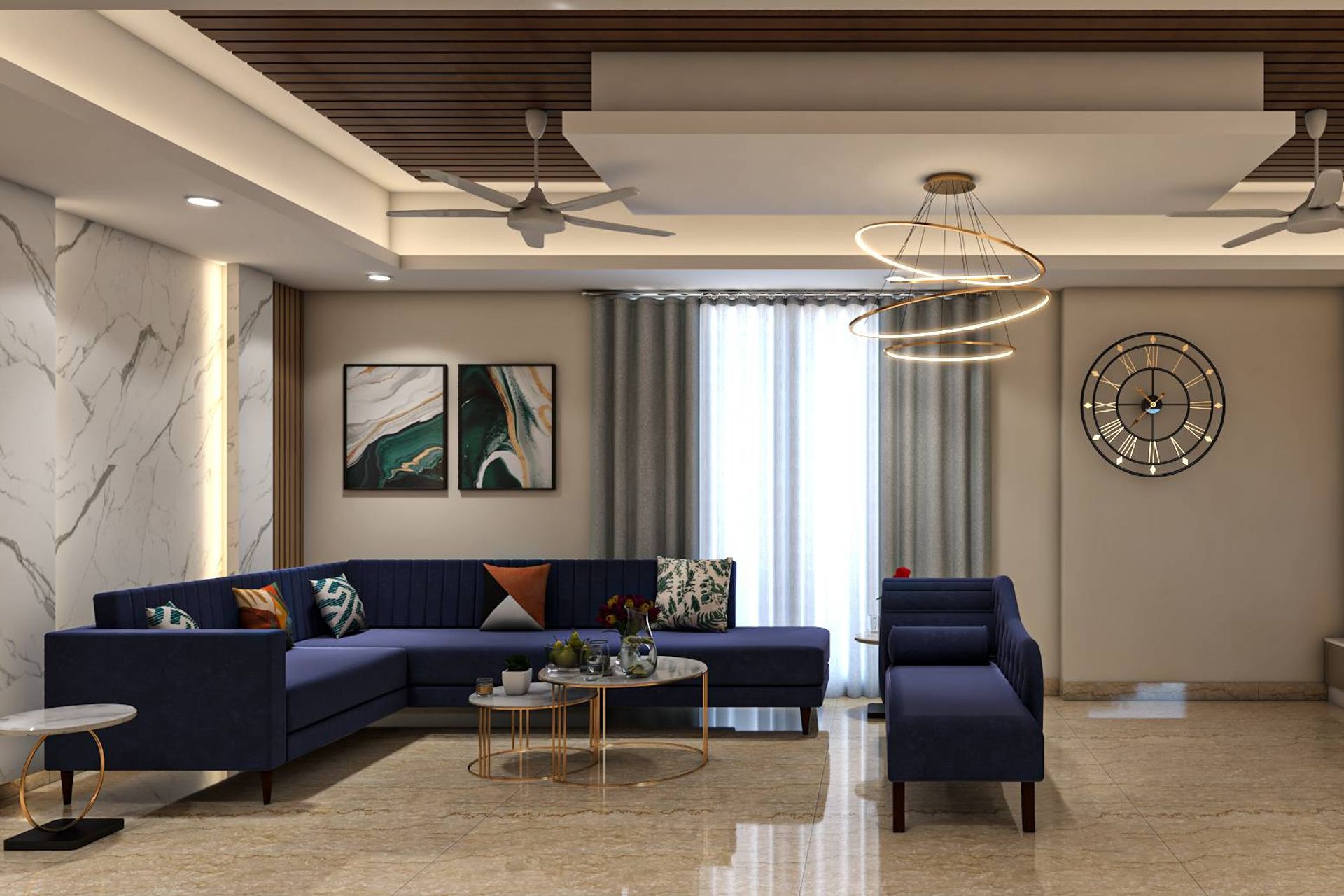 Contemporary White Marble Living Room Design With Strip Lighting | Livspace