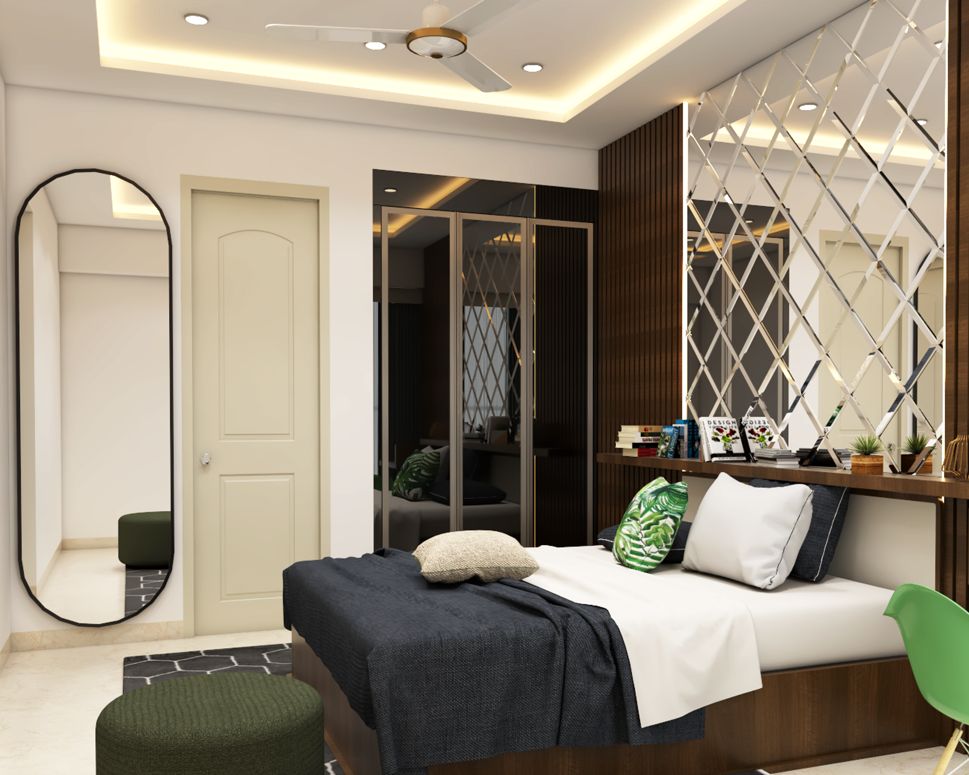 Spacious Modern Master Bedroom Design With Oval Mirrored | Livspace