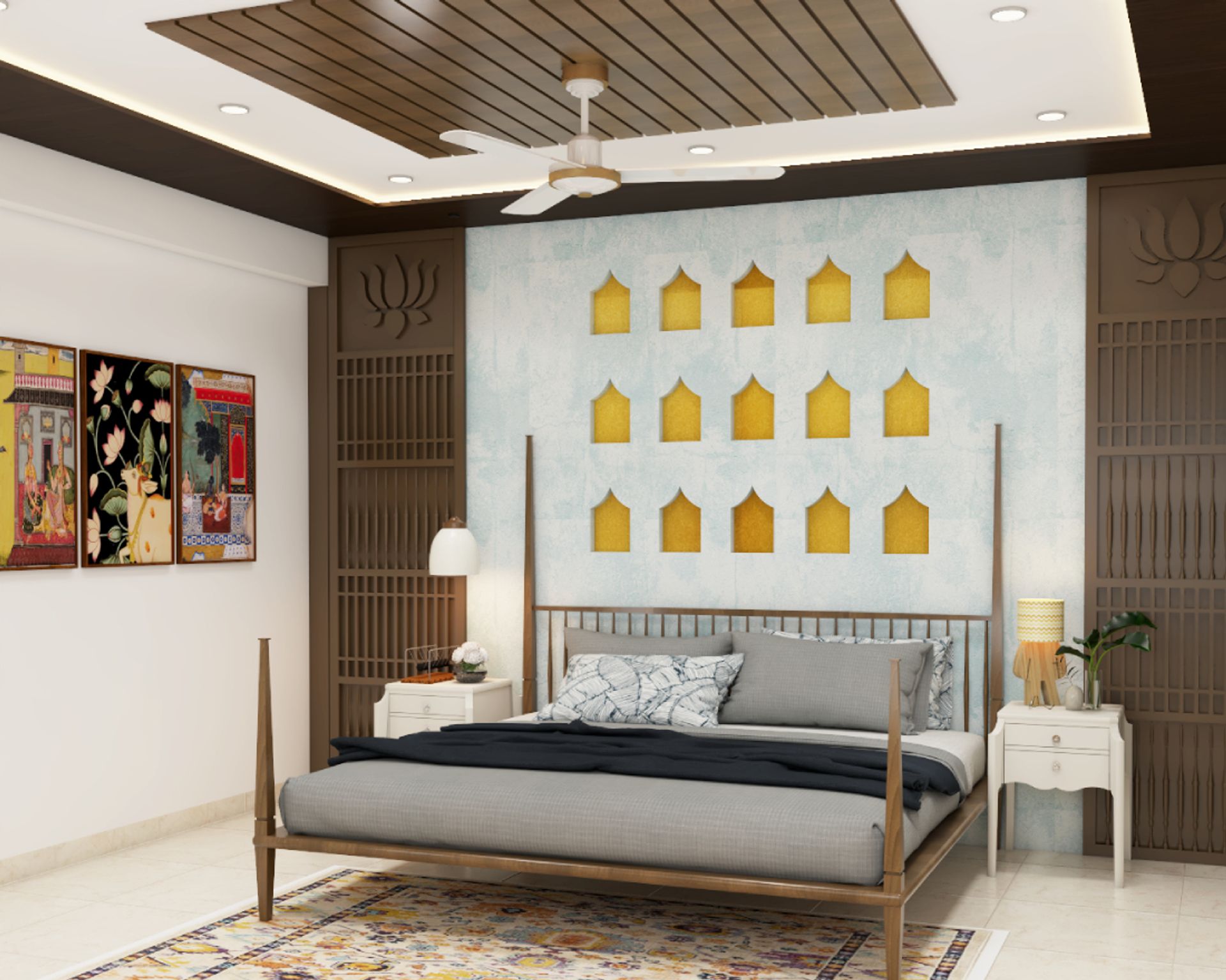 Indian Traditional Master Bedroom Design With Wall Niche Livspace