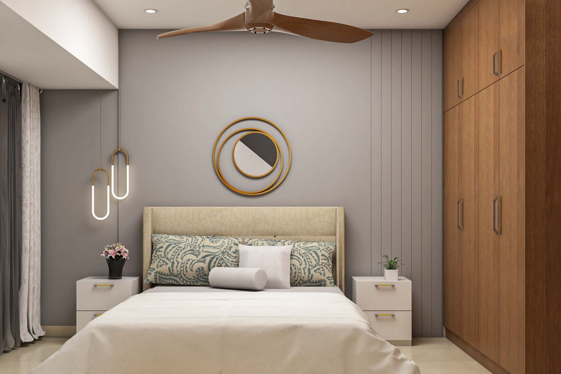 Compact Master Bedroom Design With Pastel Accent Wall | Livspace