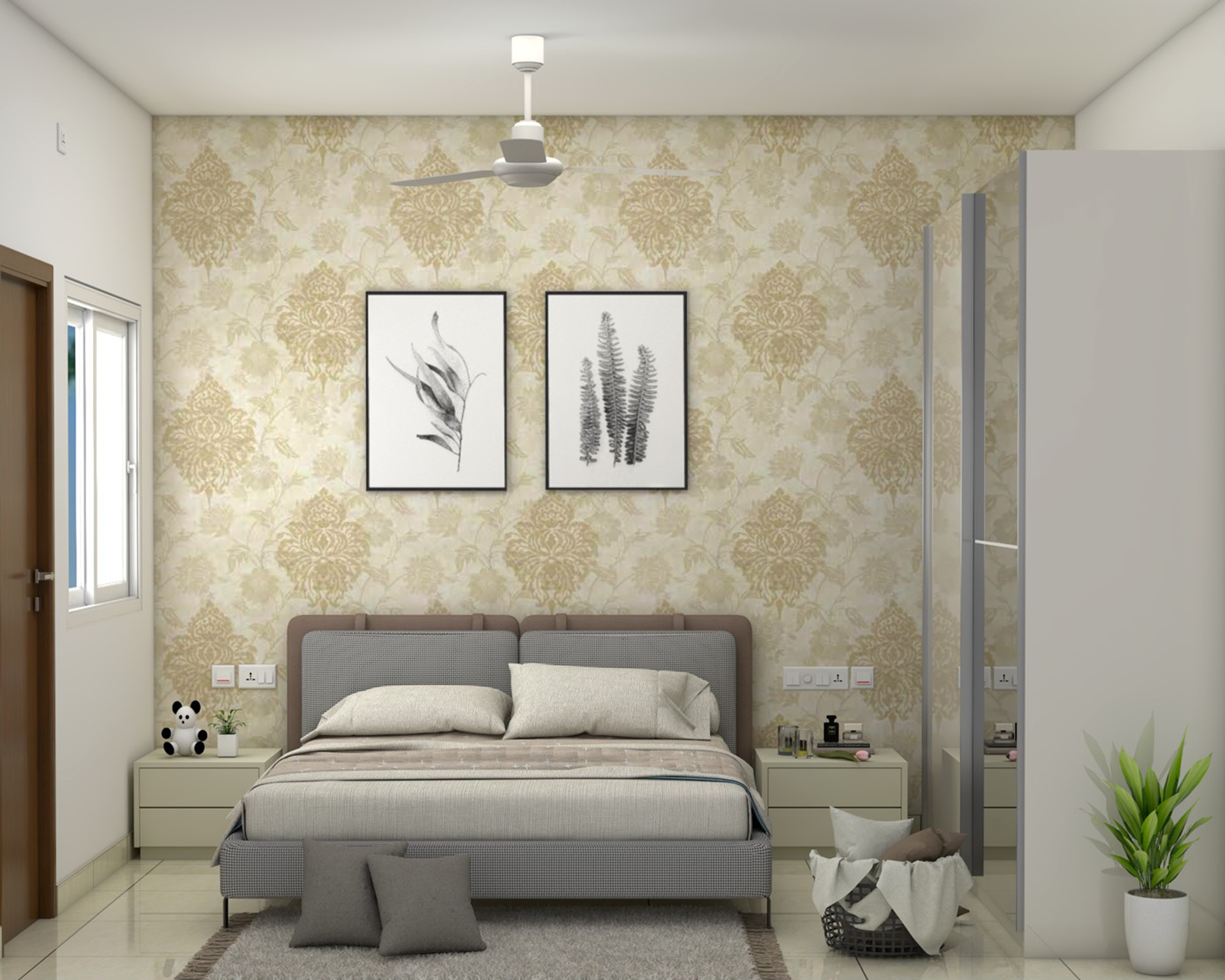 Spacious Master Bedroom Design Idea With Patterned Wallpaper | Livspace