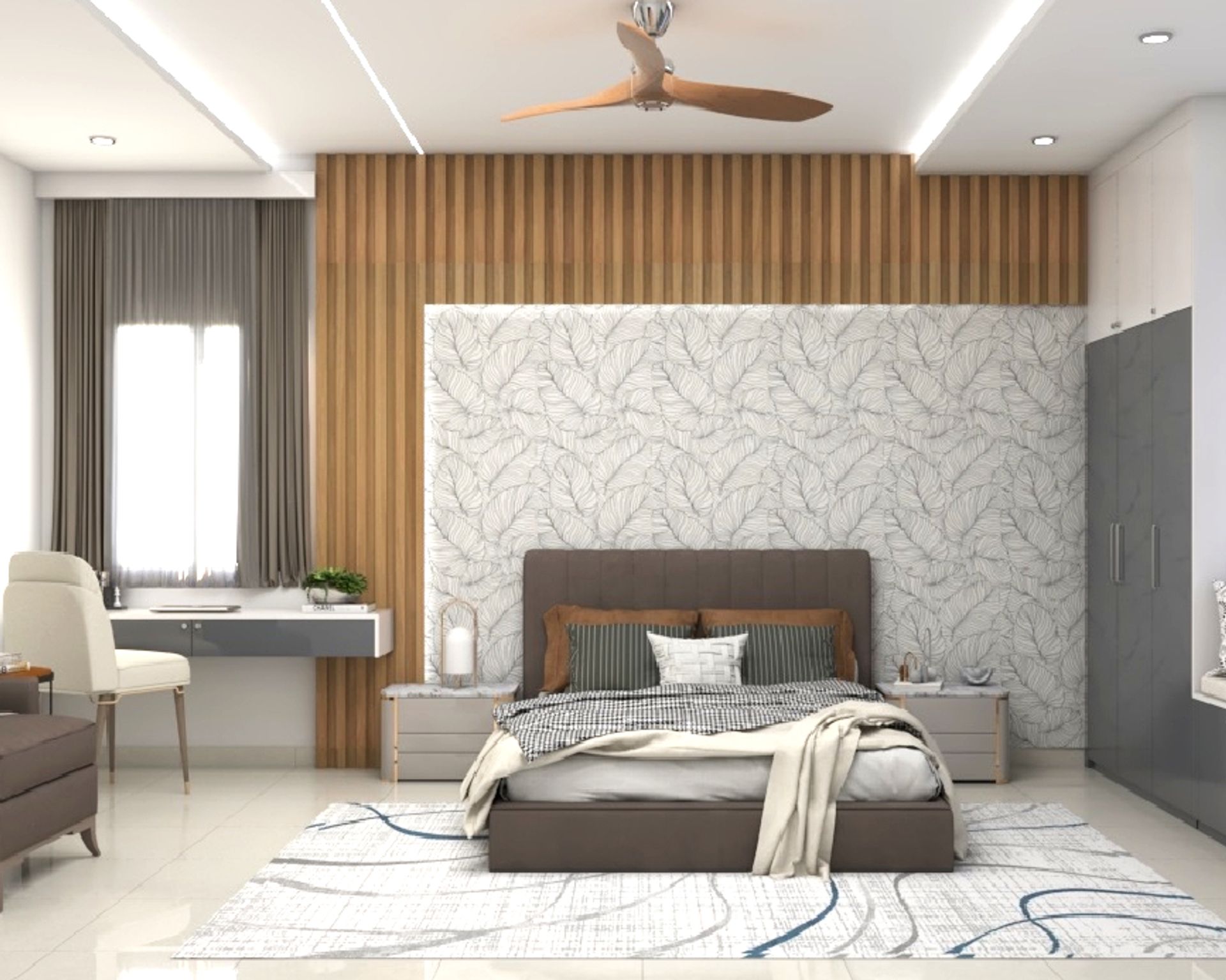 Spacious Master Bedroom Design With Fluted Wooden Panels | Livspace