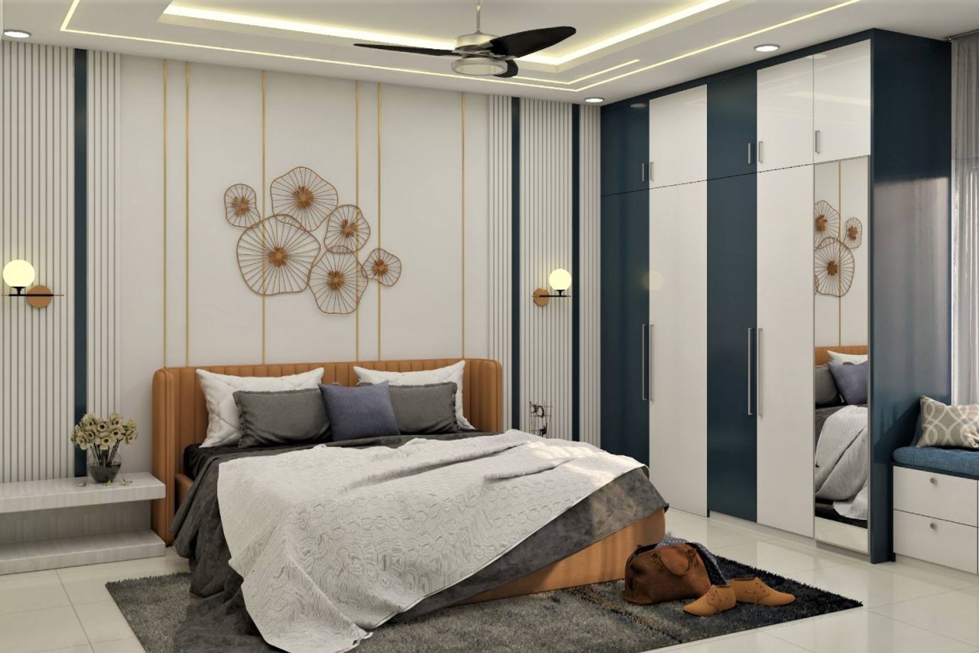 Spacious Master Bedroom Design With Blue Panelling | Livspace